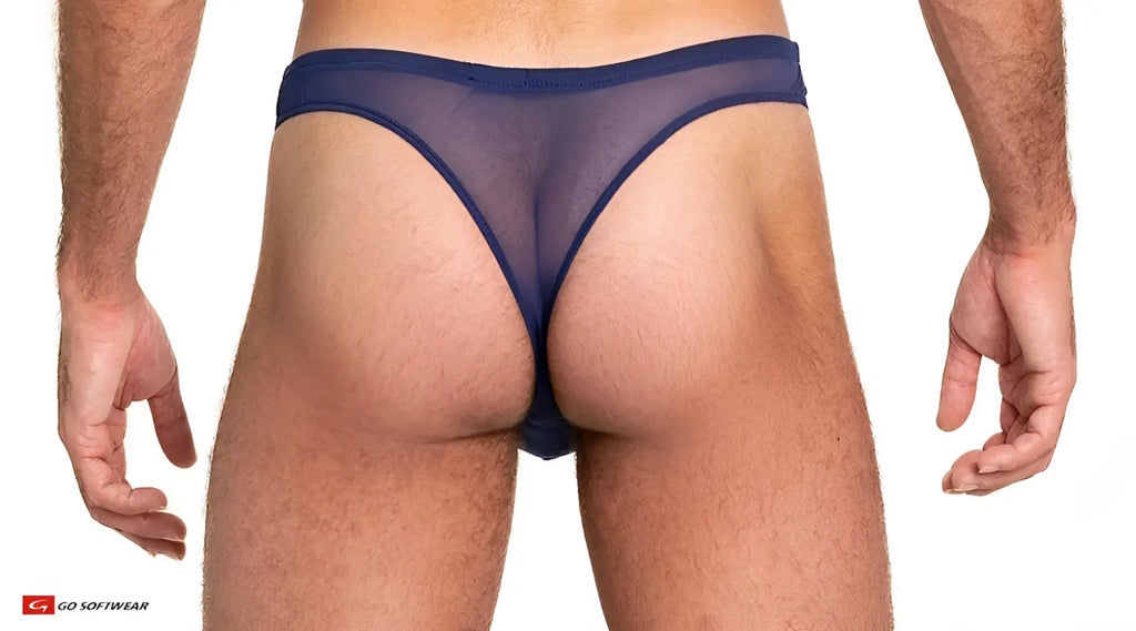 Navy blue sheer mesh thong showing back side with lightweight breathable fabric for comfortable wear