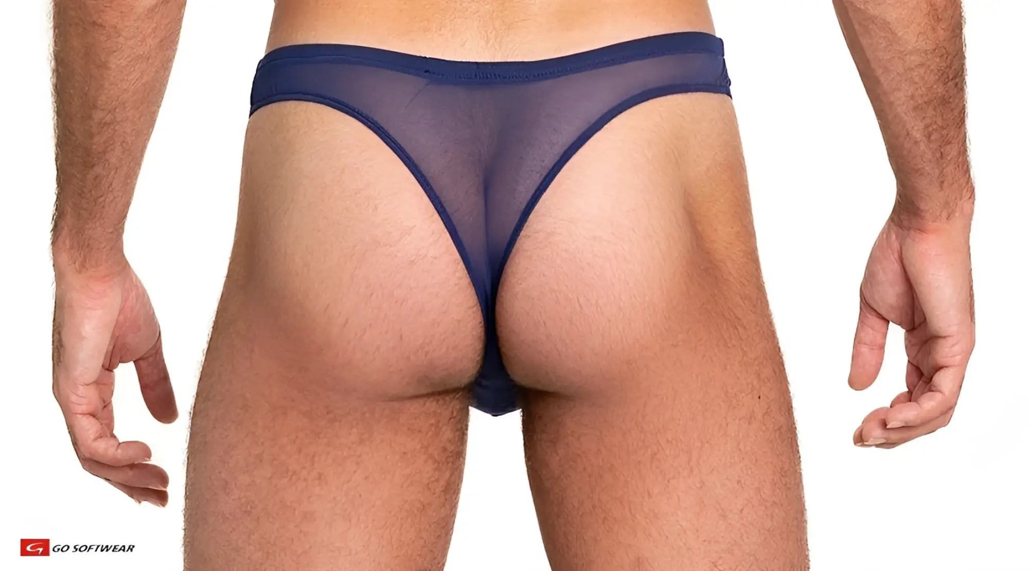 Navy blue sheer mesh thong showing back side with lightweight breathable fabric for comfortable wear