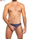 Navy blue sheer mesh thong briefs showing the back side made of lightweight breathable fabric
