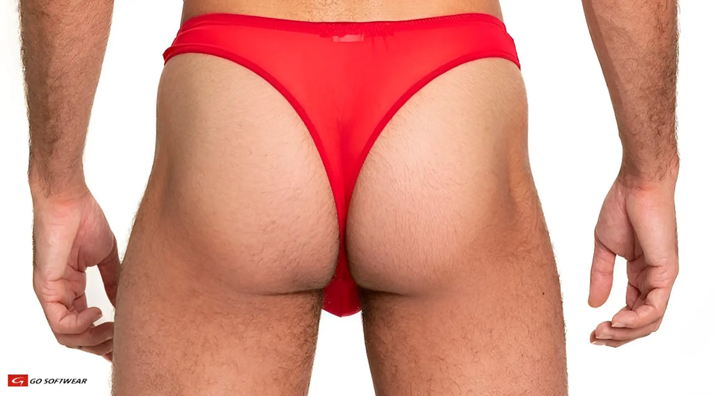 Red sheer mesh thong made of lightweight breathable fabric shown from the back side