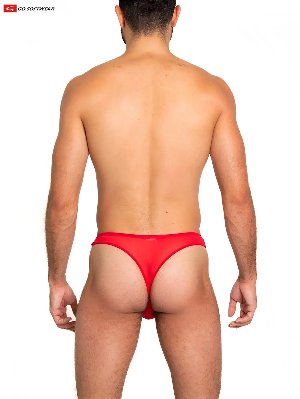 Red sheer mesh thong made of stretchy fabric shown from the back with a form-fitting design