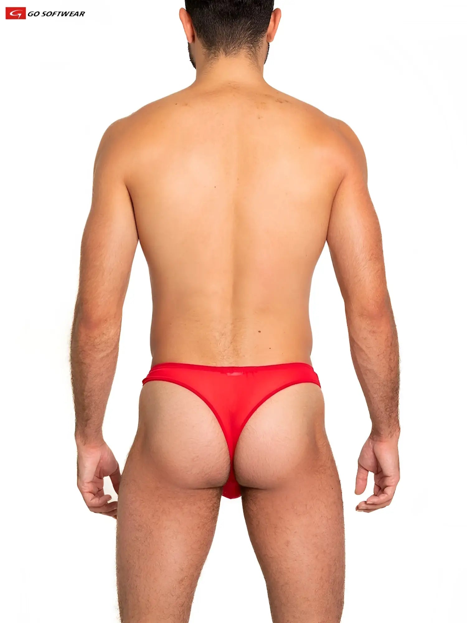 Red sheer mesh thong made of stretchy fabric shown from the back with a form-fitting design