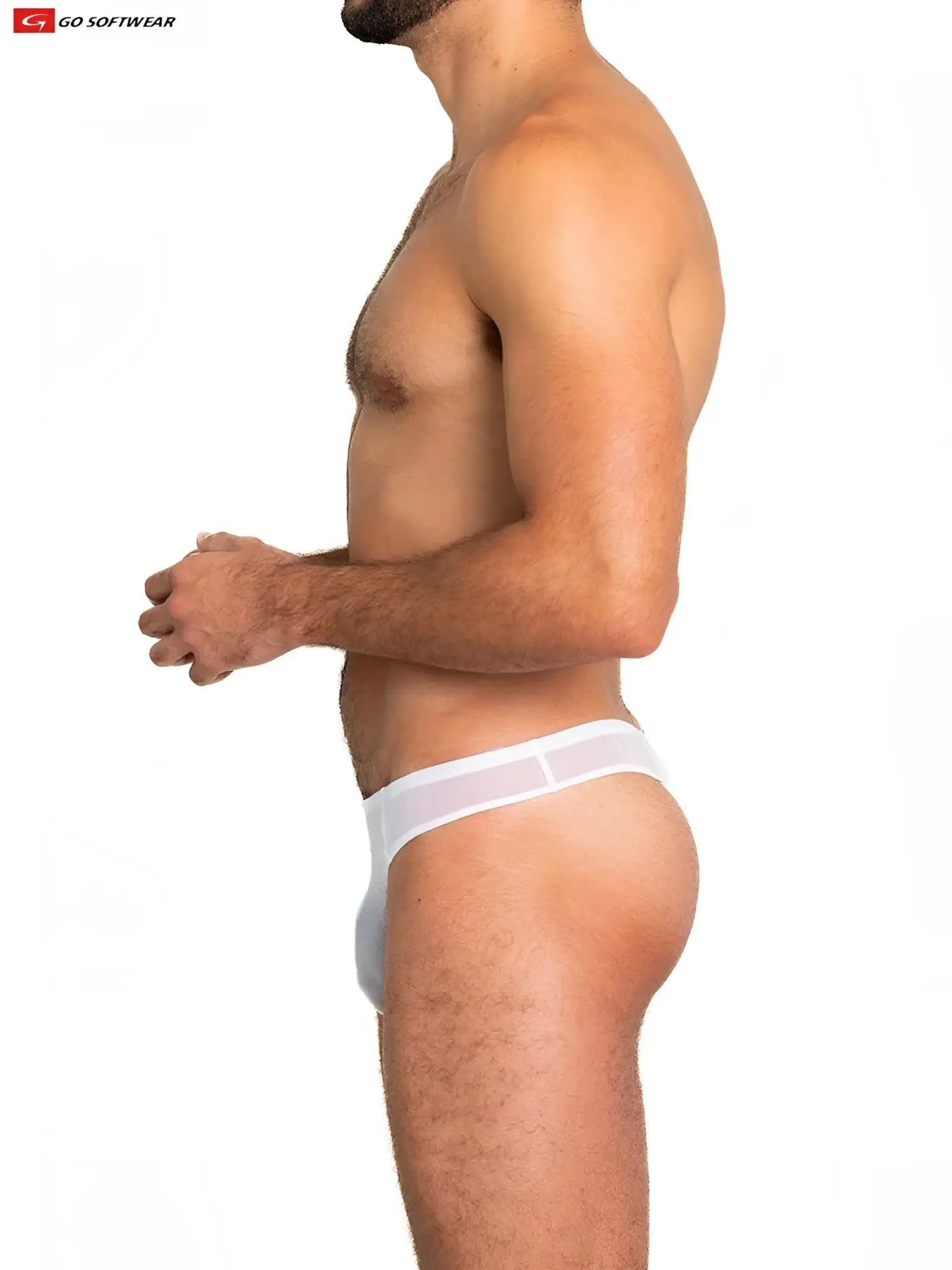 White sheer mesh thong briefs with solid white waistband by go softwear showing the back side of the product