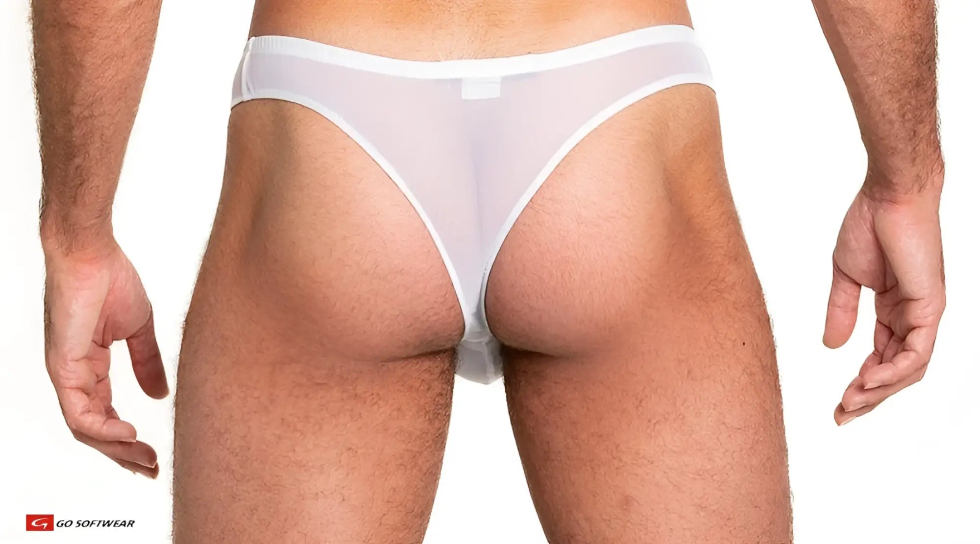 Sheer mesh thong white briefs with solid white waistband made of sheer mesh fabric visible from front view