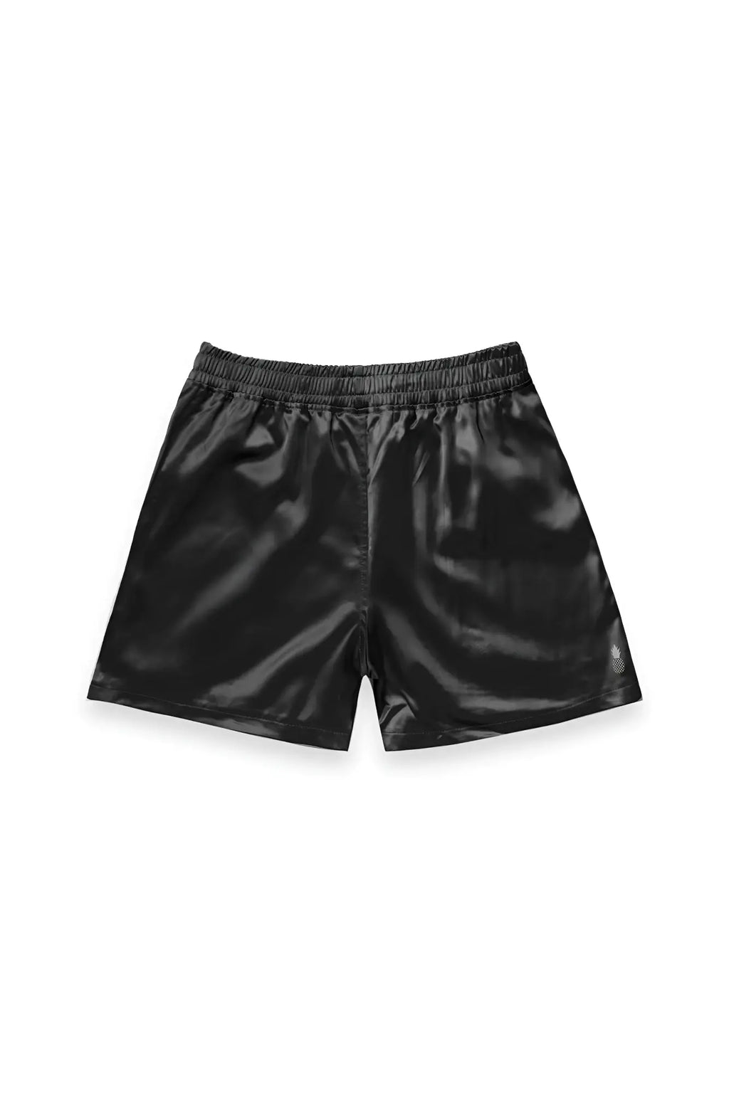 Black glossy satin shimmerflex active shorts with elastic waistband in midnight black shown from the back side