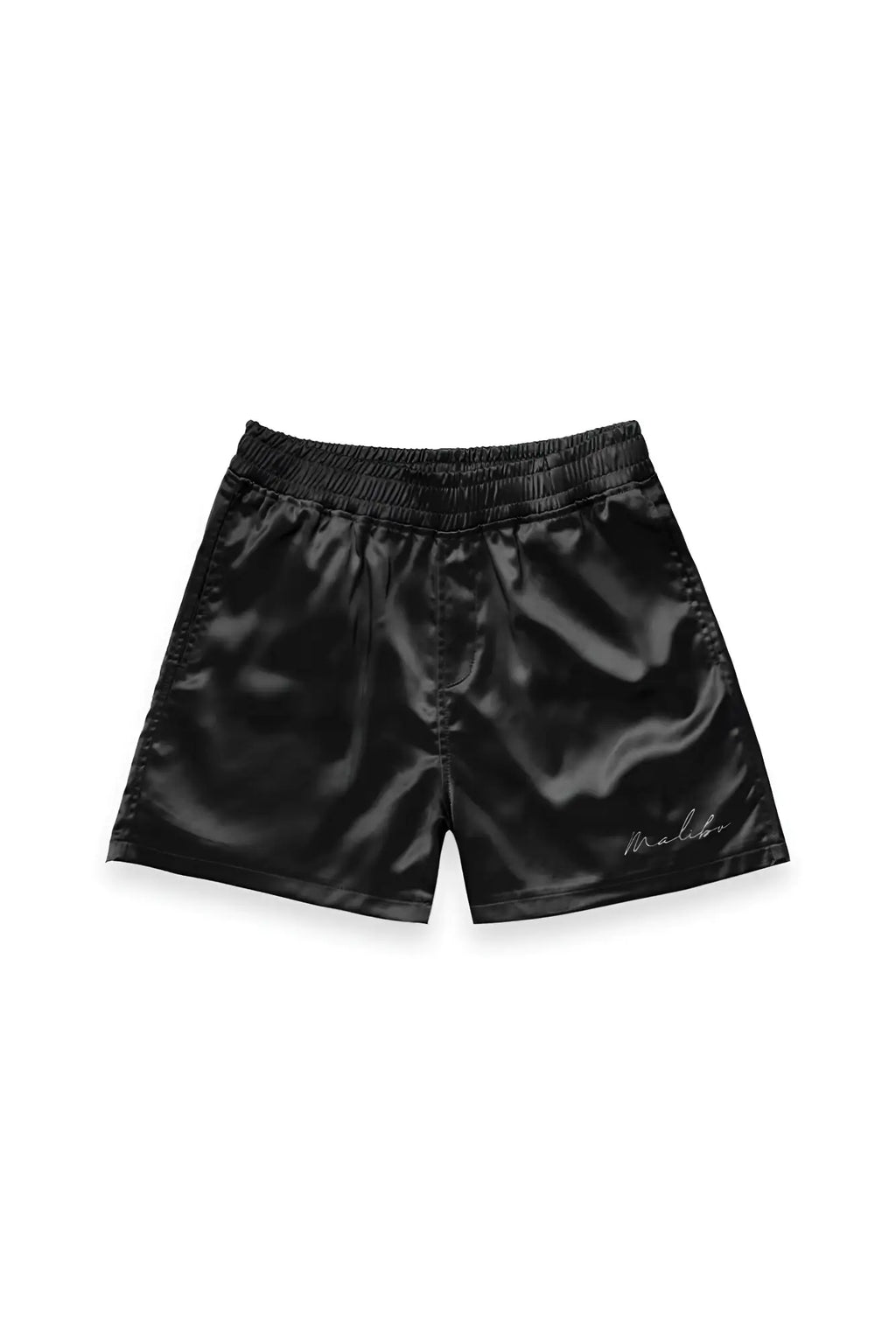 Black satin shimmerflex active shorts in midnight black with subtle embroidered logo on lower right leg