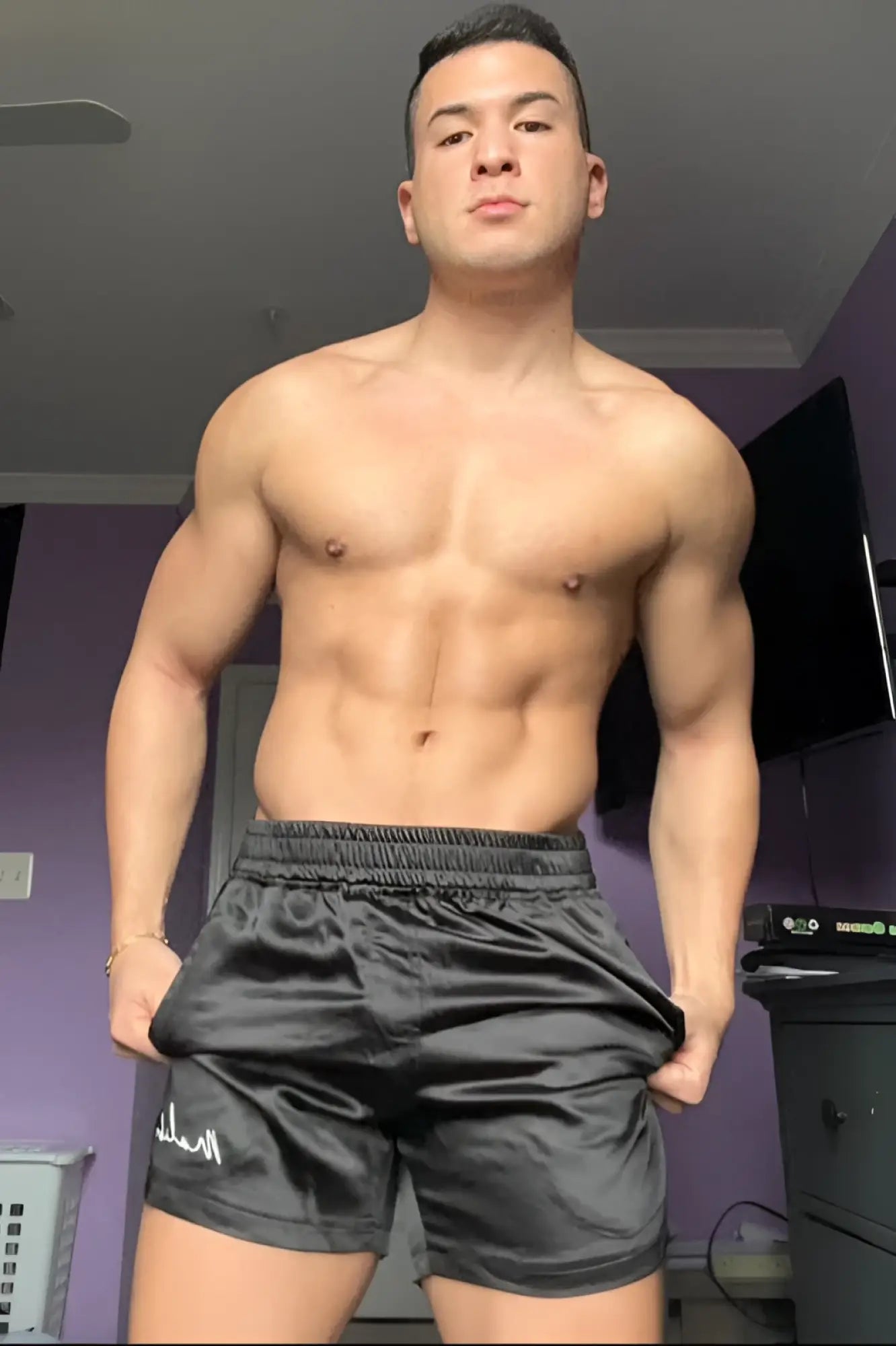 Shimmerflex active shorts midnight black black satin with white embroidered logo on the left leg for activewear