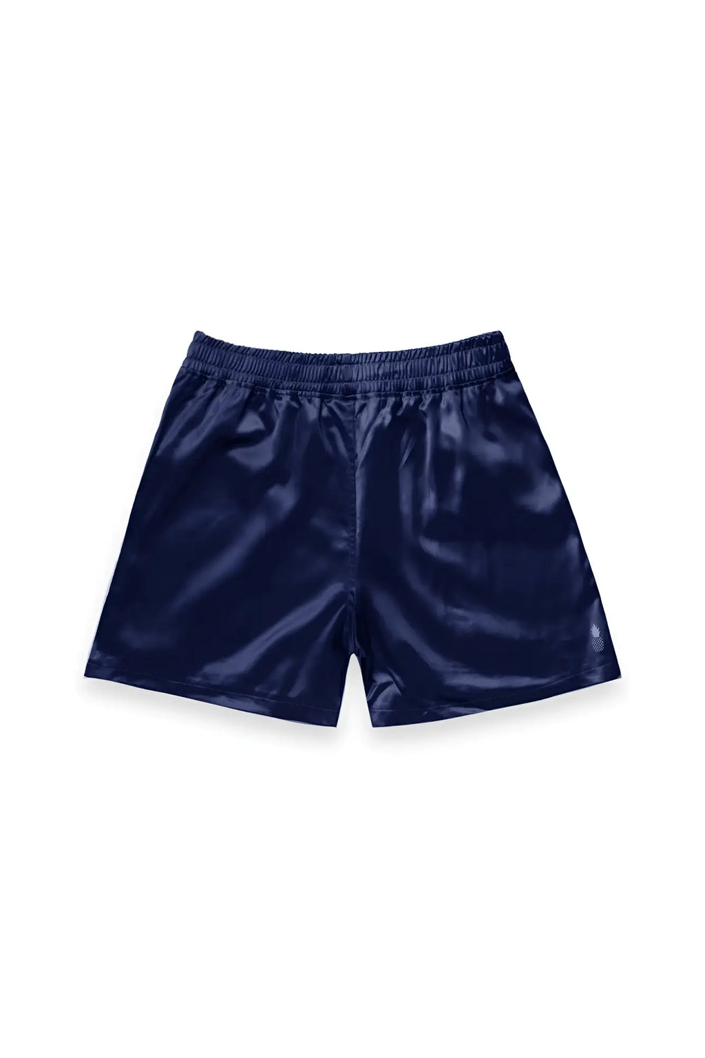 Navy shimmerflex active shorts made of satin with an elastic waistband and small embroidered logo on lower right leg