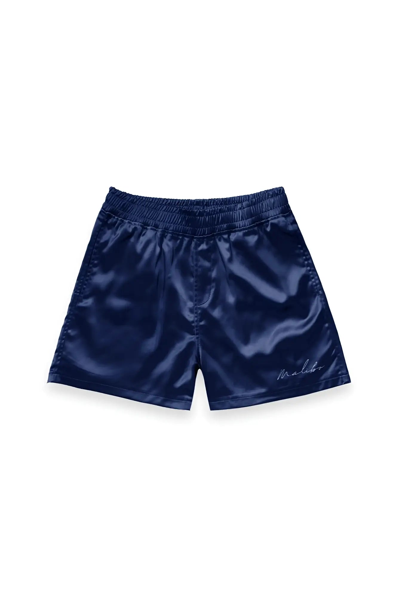 Navy shimmerflex active shorts in satin with subtle embroidered signature on lower right leg for comfortable wear