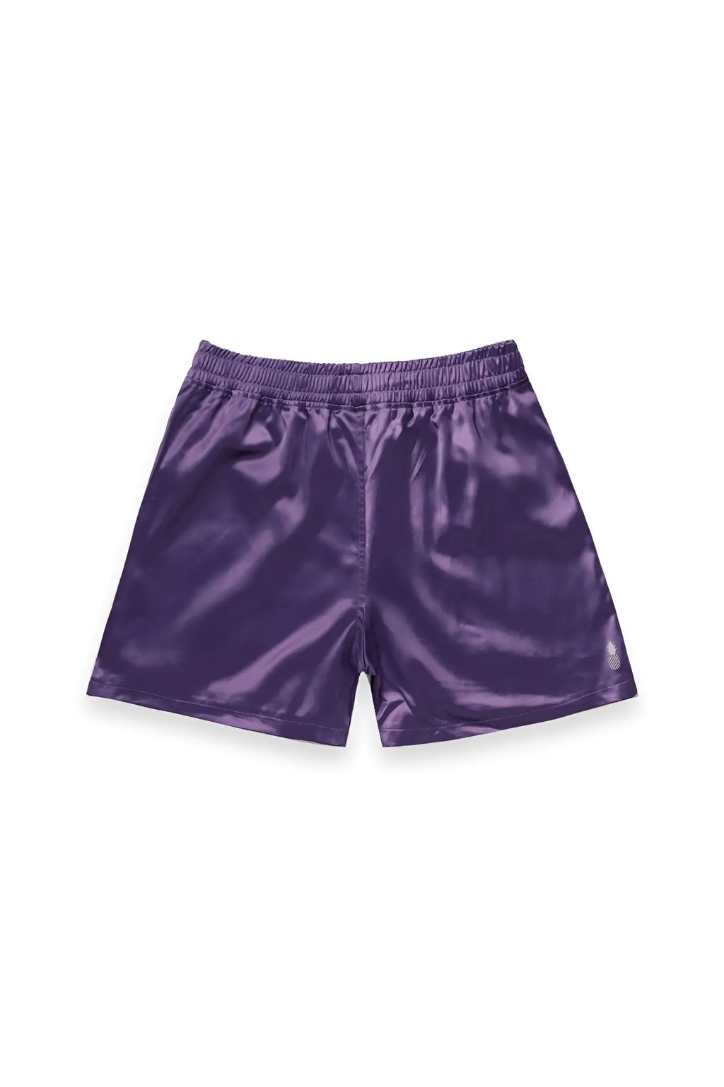 Purple satin shimmerflex active shorts with a sleek shiny finish and elastic waistband for comfort