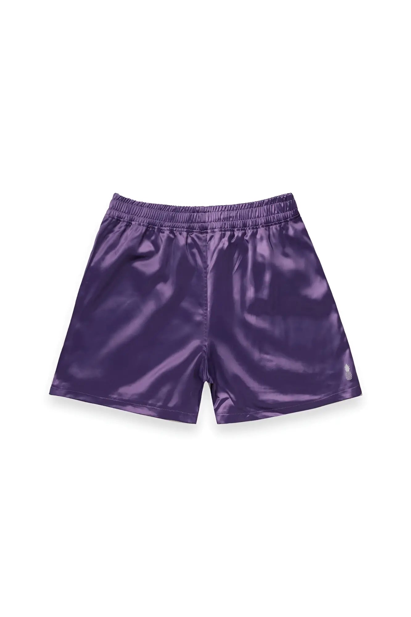 Purple satin shimmerflex active shorts with a sleek shiny finish and elastic waistband for comfort