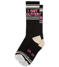 Black crew socks with beige toe and heel and pink i shit glitter text perfect for bold casual wear