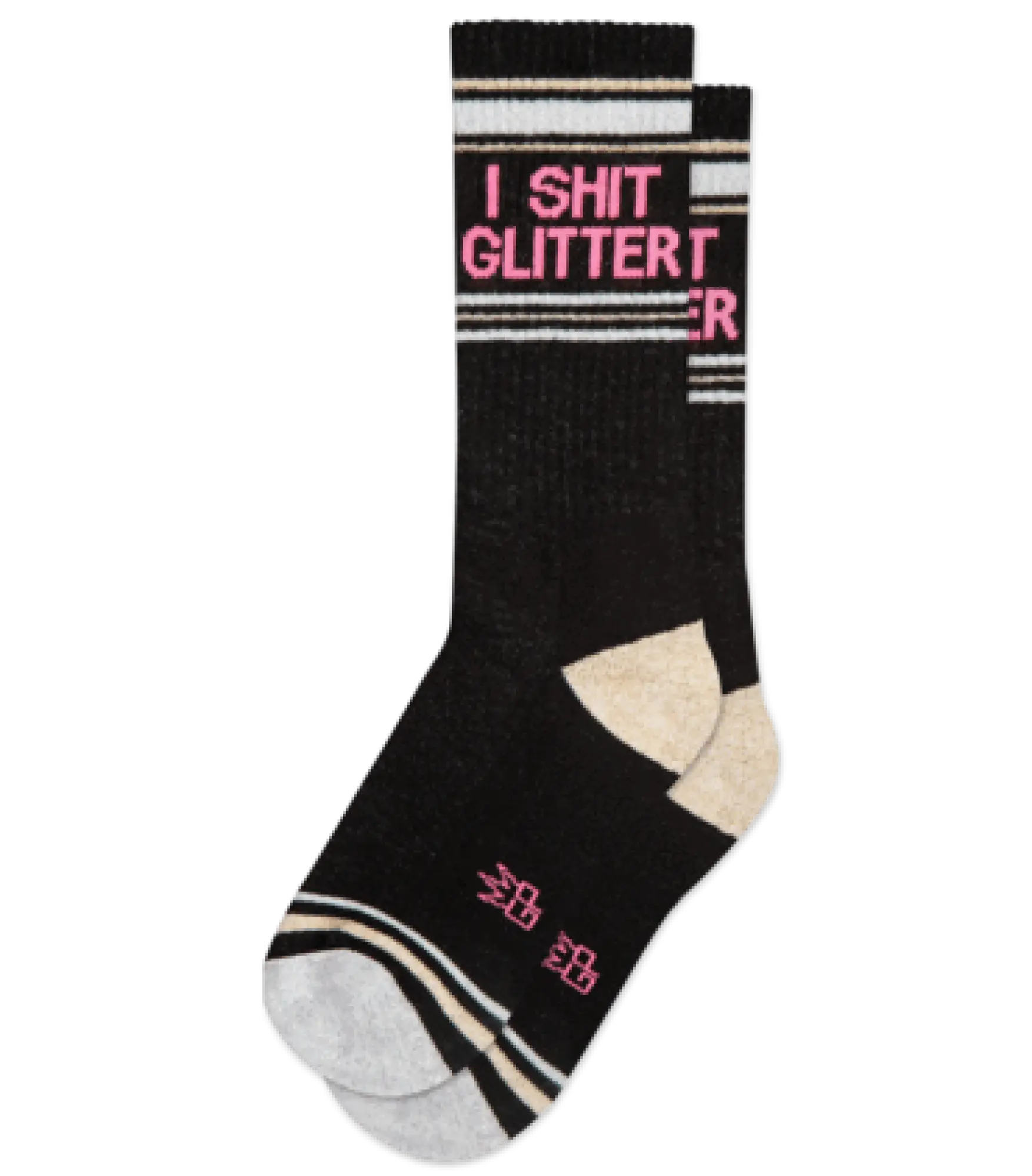 Black crew socks with beige toe and heel and pink i shit glitter text perfect for bold casual wear