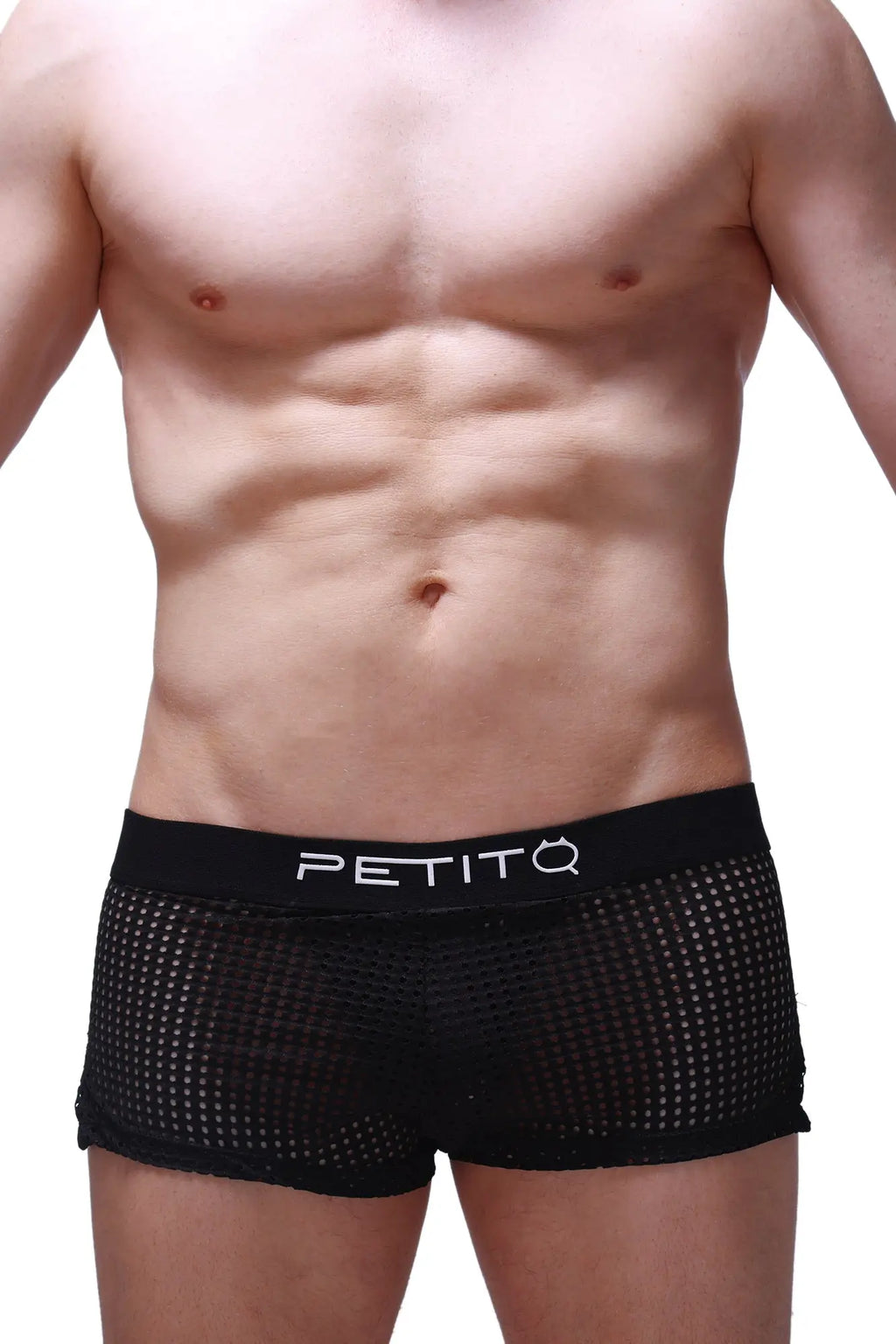 Short jock durtol black black mesh briefs with solid waistband featuring petitq logo in white lettering