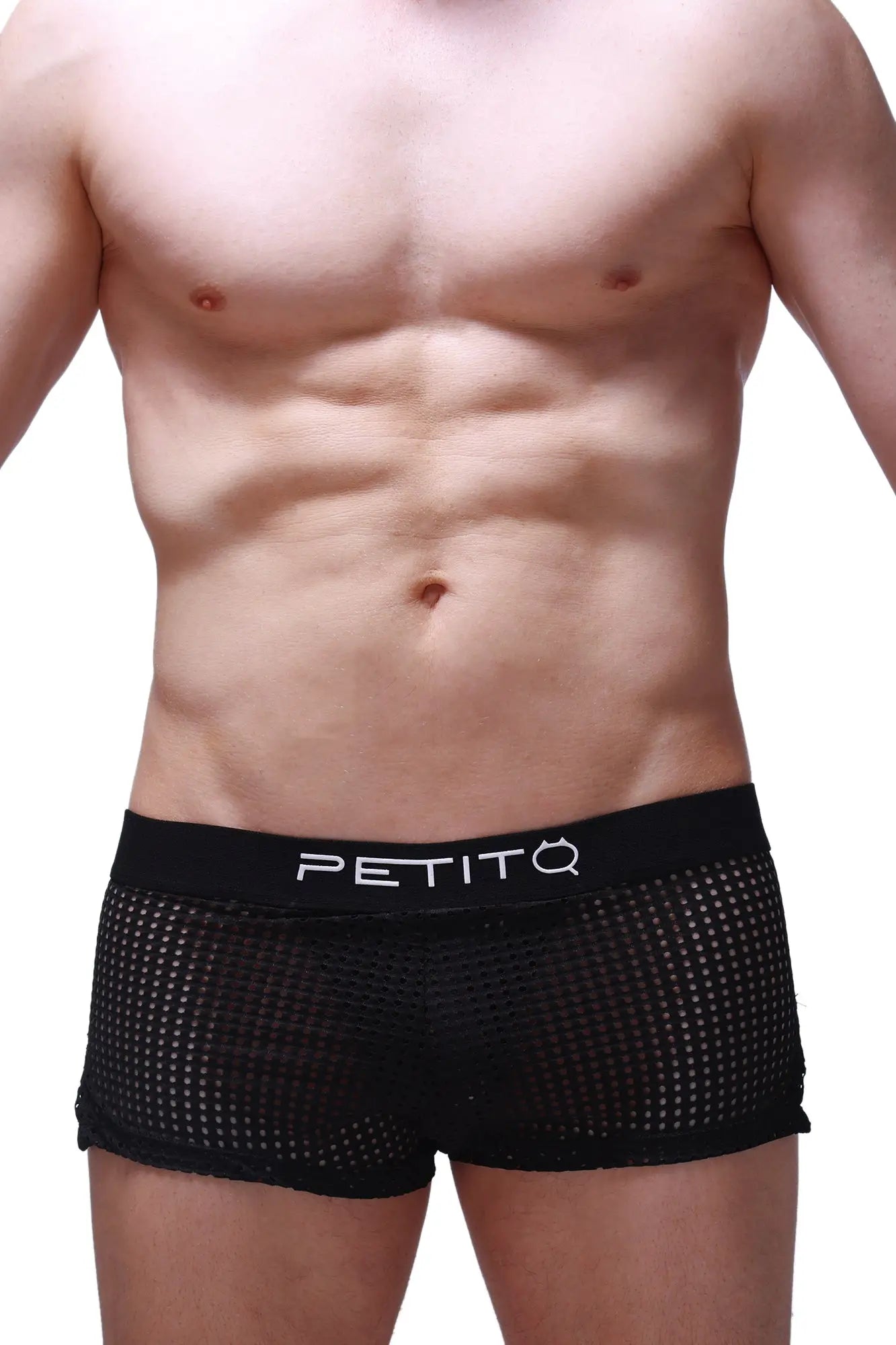Short jock durtol black black mesh briefs with solid waistband featuring petitq logo in white lettering