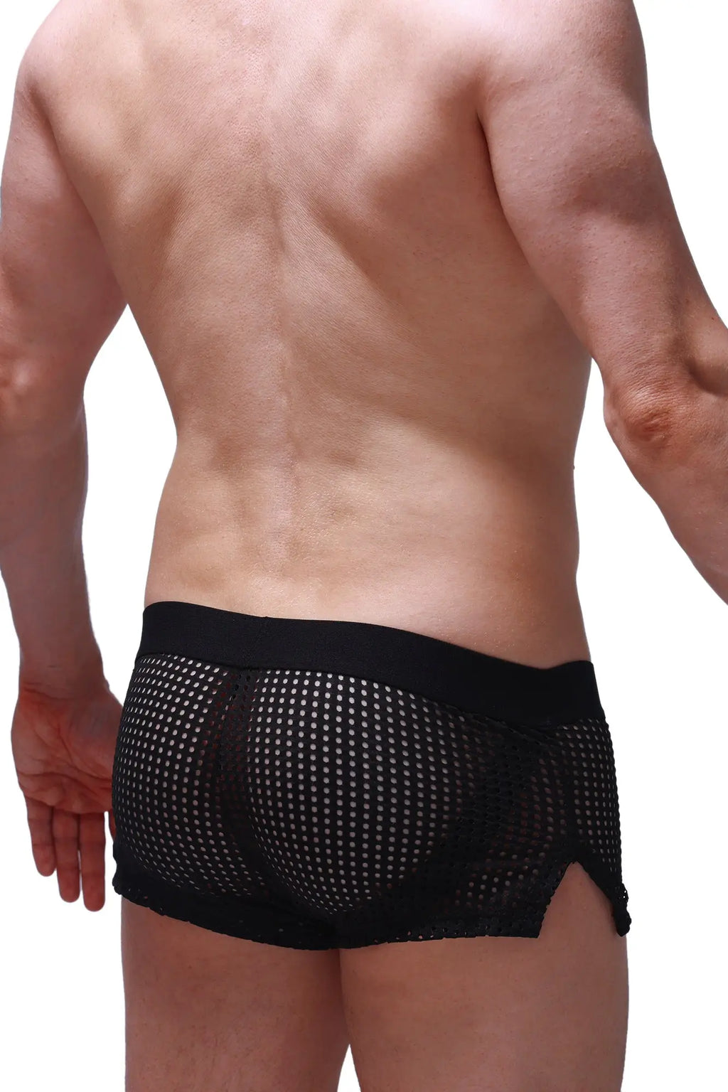 Black mesh briefs short jock durtol black with solid waistband and side slit shown from the back side