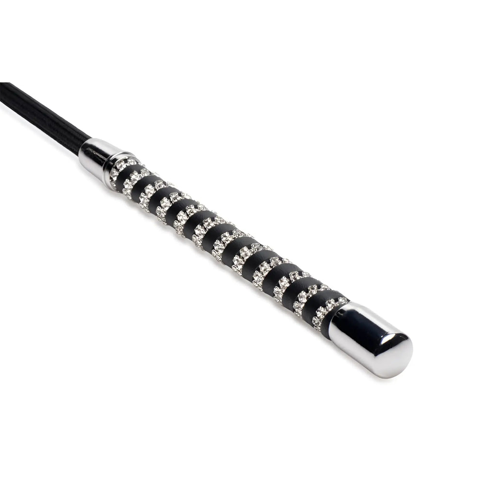 Short leather riding crop with black and silver rhinestone handle and polished chrome tip for equestrian use