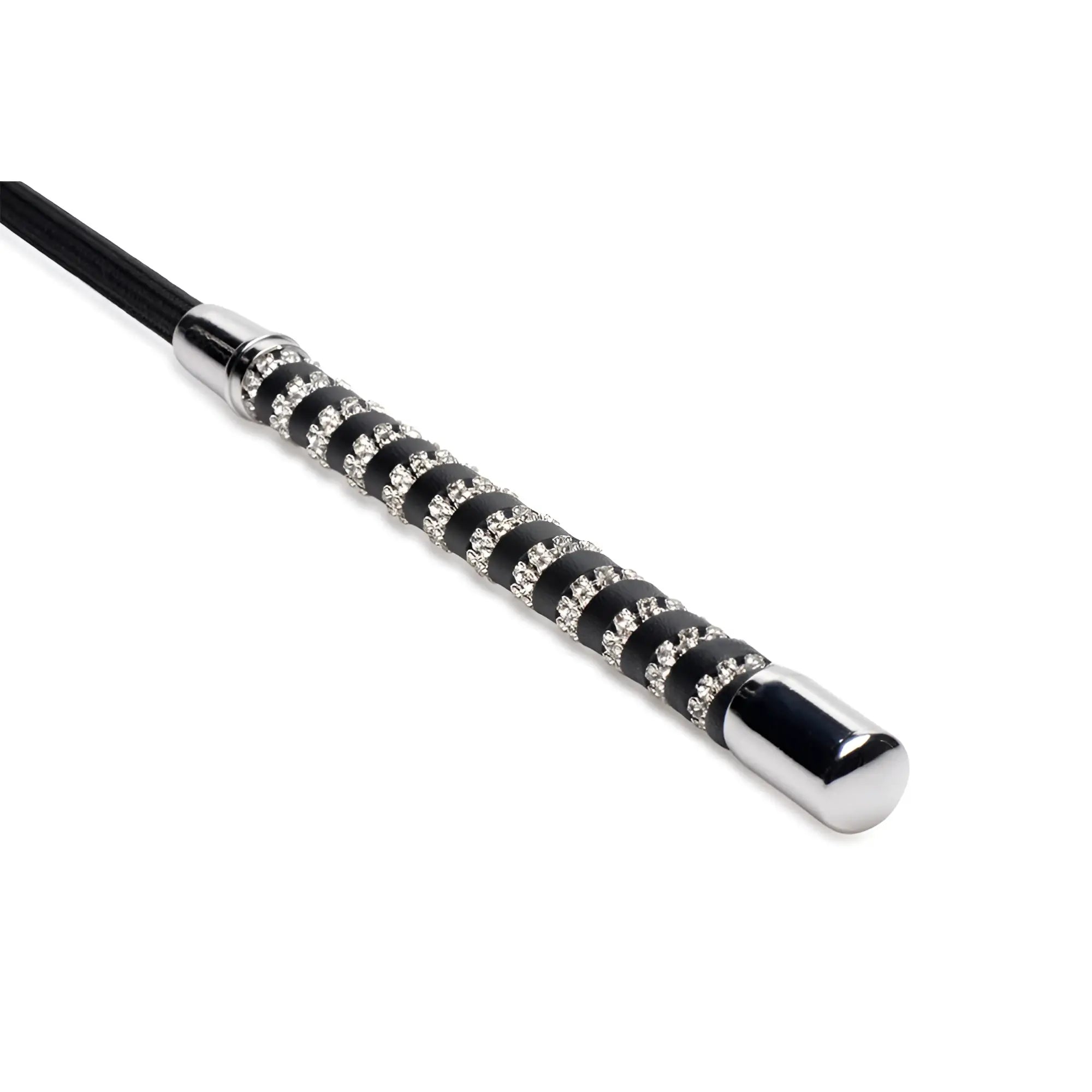 Short leather riding crop with black and silver rhinestone handle and polished chrome tip for equestrian use