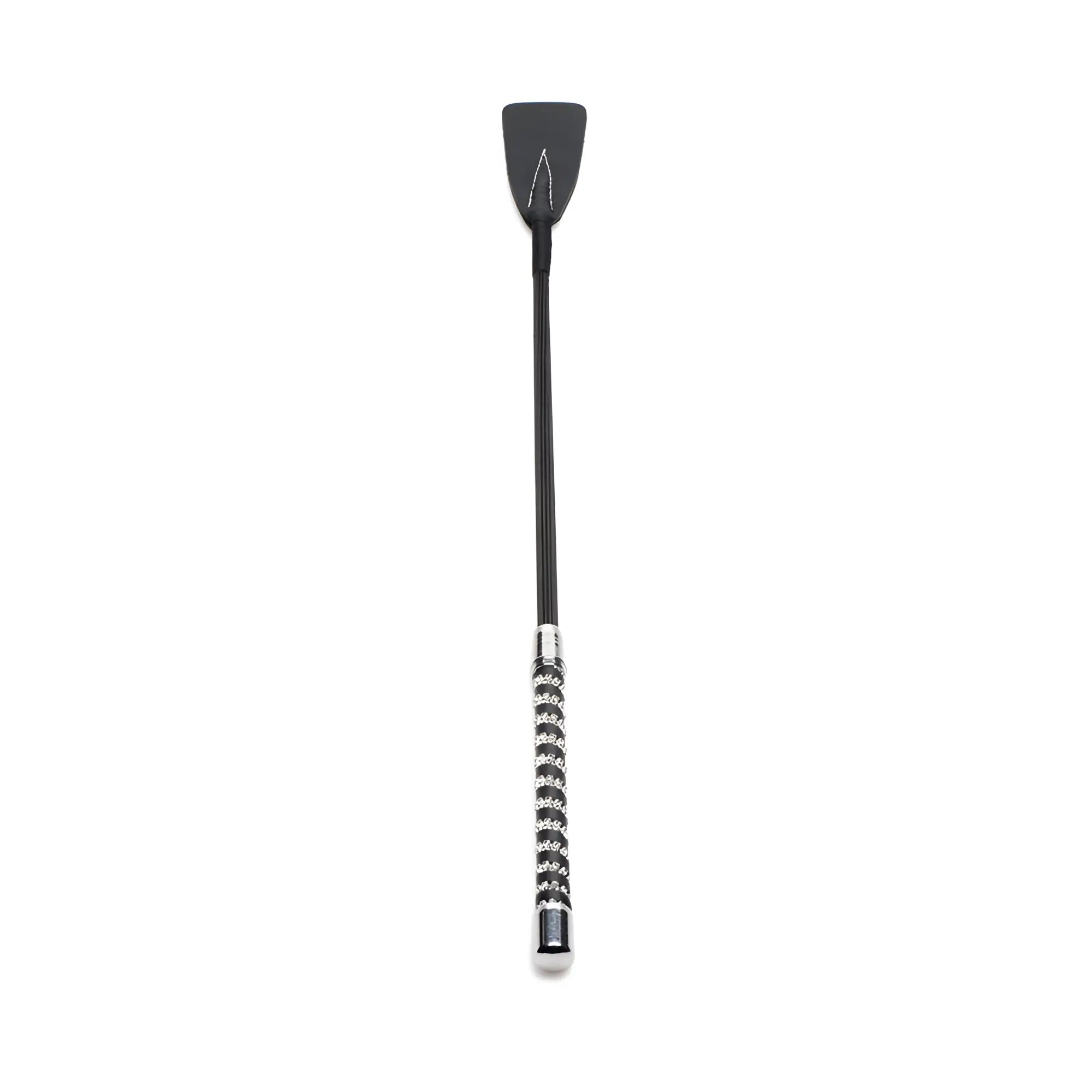 Short black leather riding crop with a silver-tipped handle featuring an intricate braided design and rhinestones