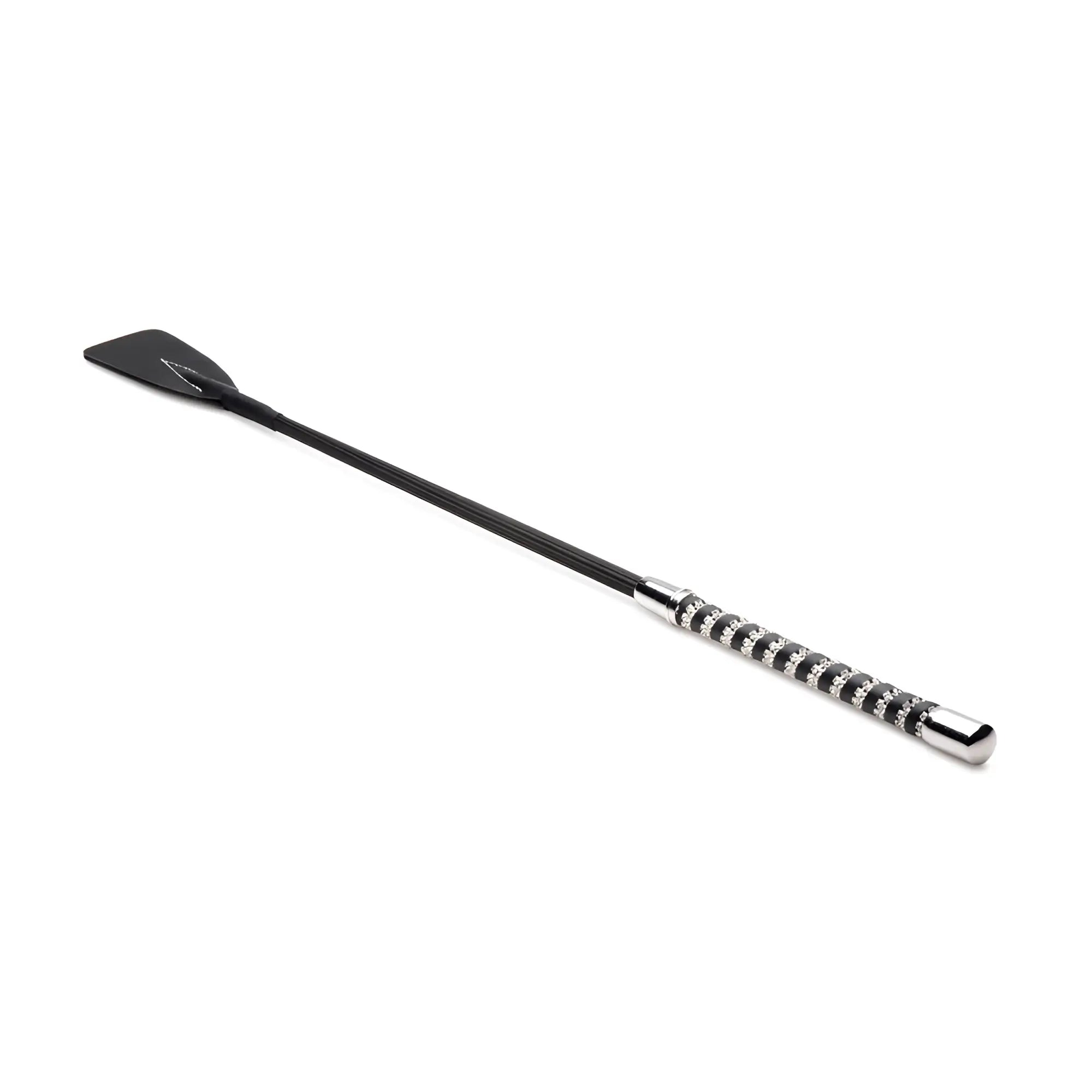 Short black leather riding crop with silver-tipped handle adorned with sparkling rhinestones for equestrian use