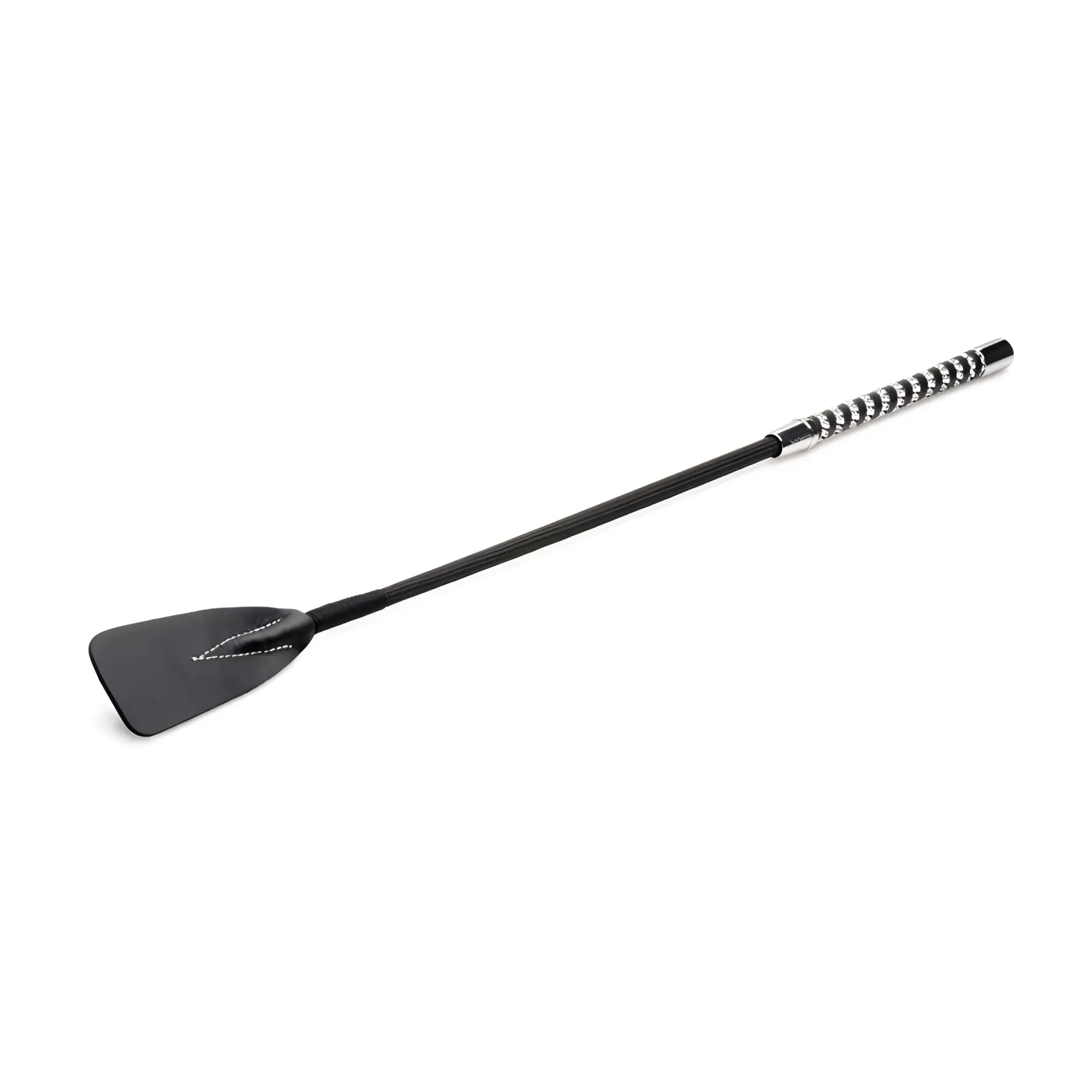 Short black leather riding crop with rhinestone handle featuring sleek tapered head and textured grip with silver accents