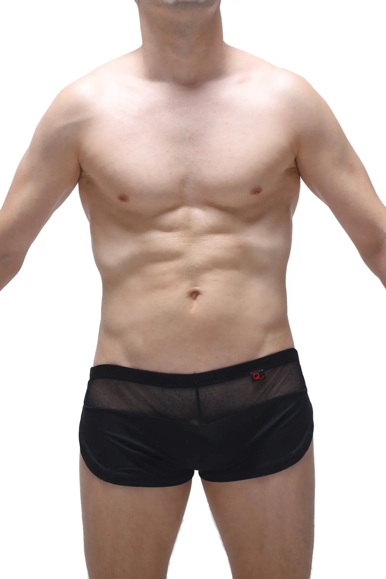 Black mesh briefs with solid black waistband and small red logo on the side from short lounge black collection
