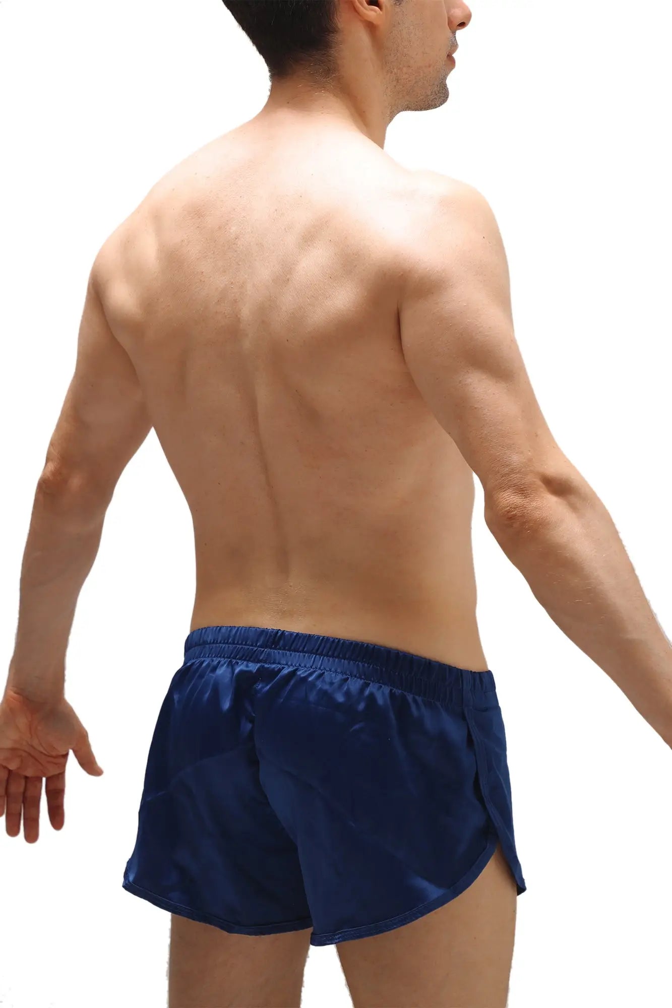 Navy blue satin shorts with elastic waistband featuring an integrated jockstrap for comfortable support