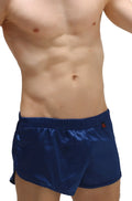 Navy blue satin shorts with red logo on waistband featuring an attached jockstrap for support and comfort