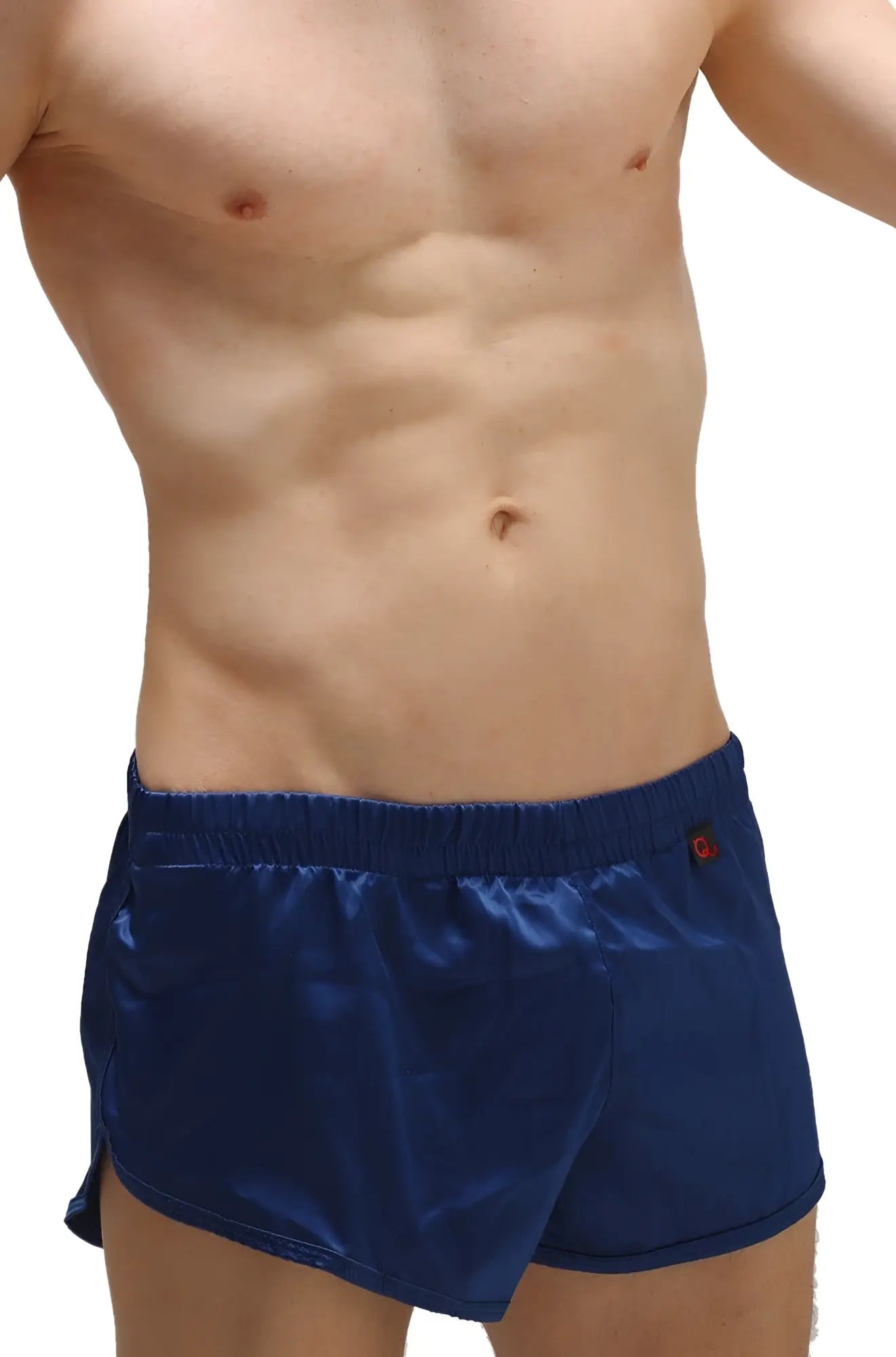 Navy blue satin shorts with red logo on waistband featuring an attached jockstrap for support and comfort