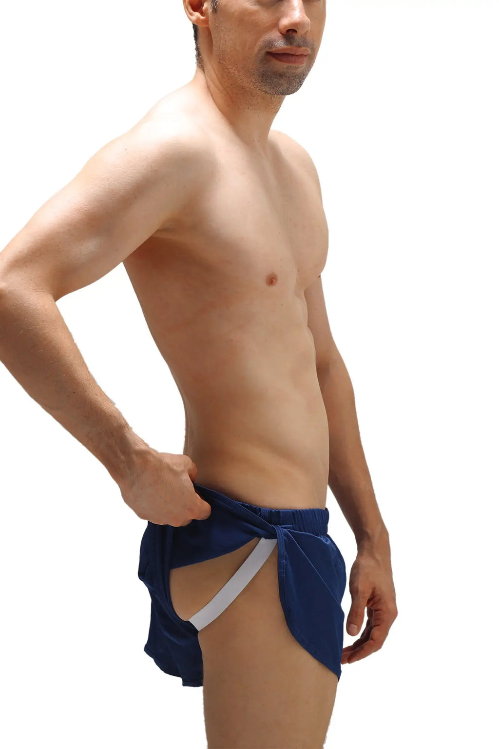 Navy blue velvet short satin swim trunks with a white elastic waistband and a tie-front jockstrap detail