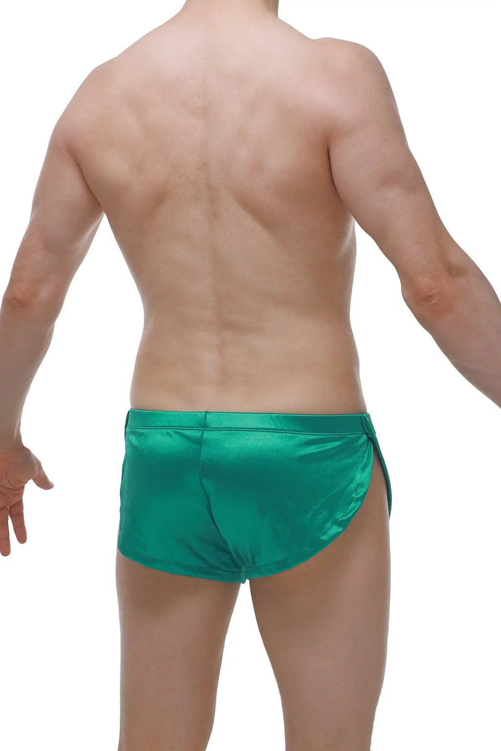 Shiny emerald green satin swim trunks short snap satin green for stylish beachwear and swim activities