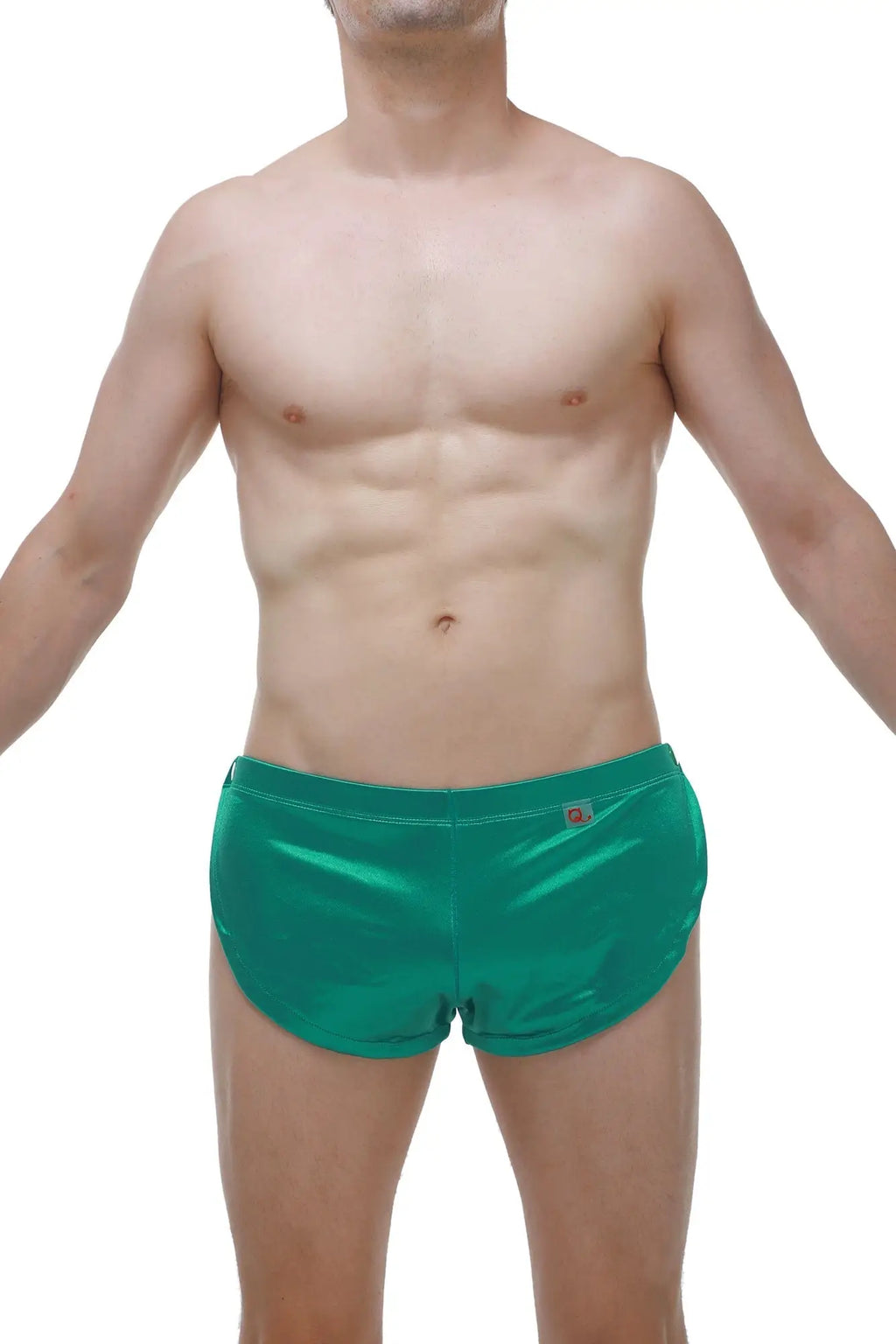 Short snap satin green shiny emerald green swim trunks with subtle logo on waistband designed for swimwear use