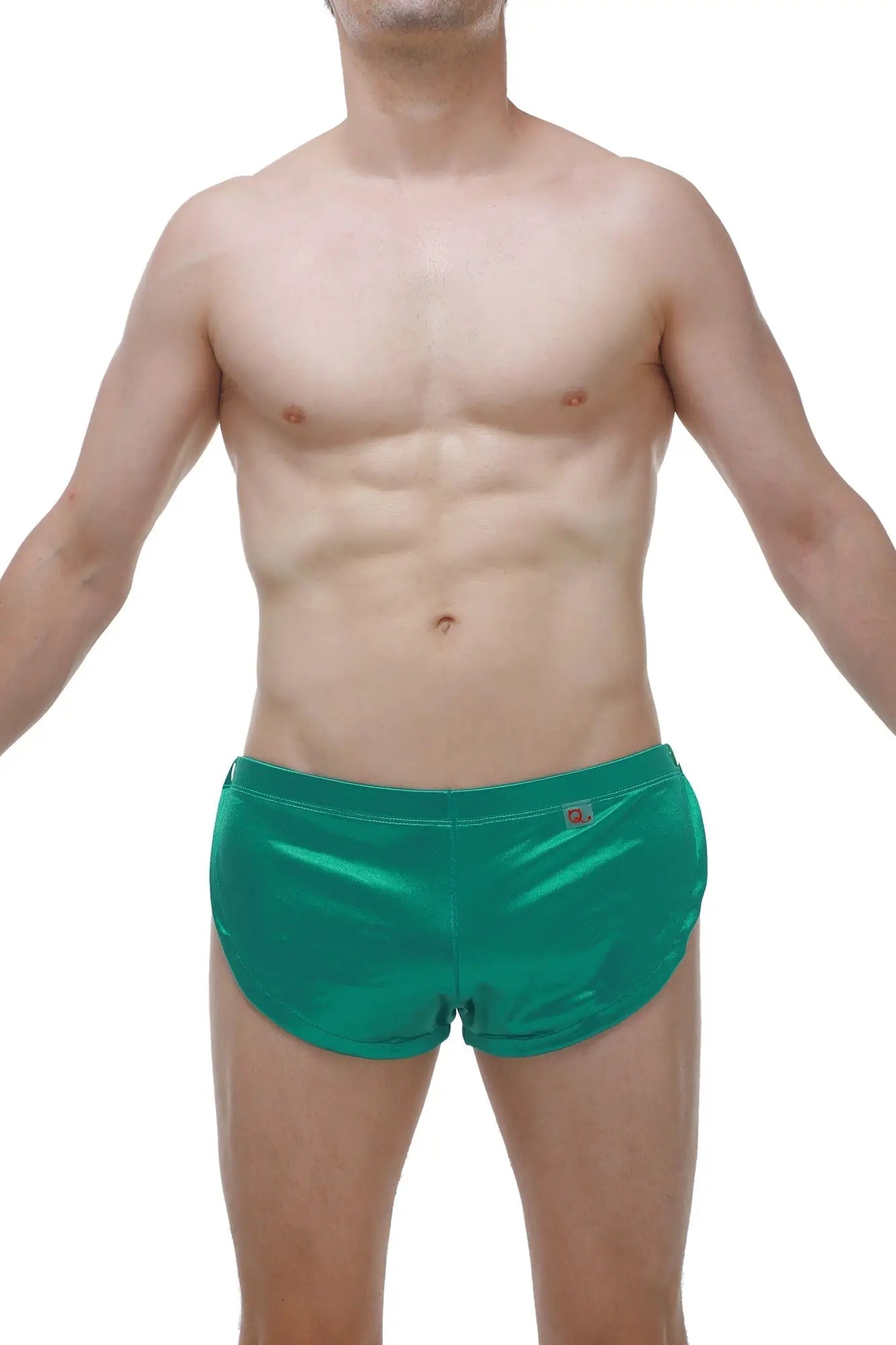 Short snap satin green shiny emerald green swim trunks with subtle logo on waistband designed for swimwear use