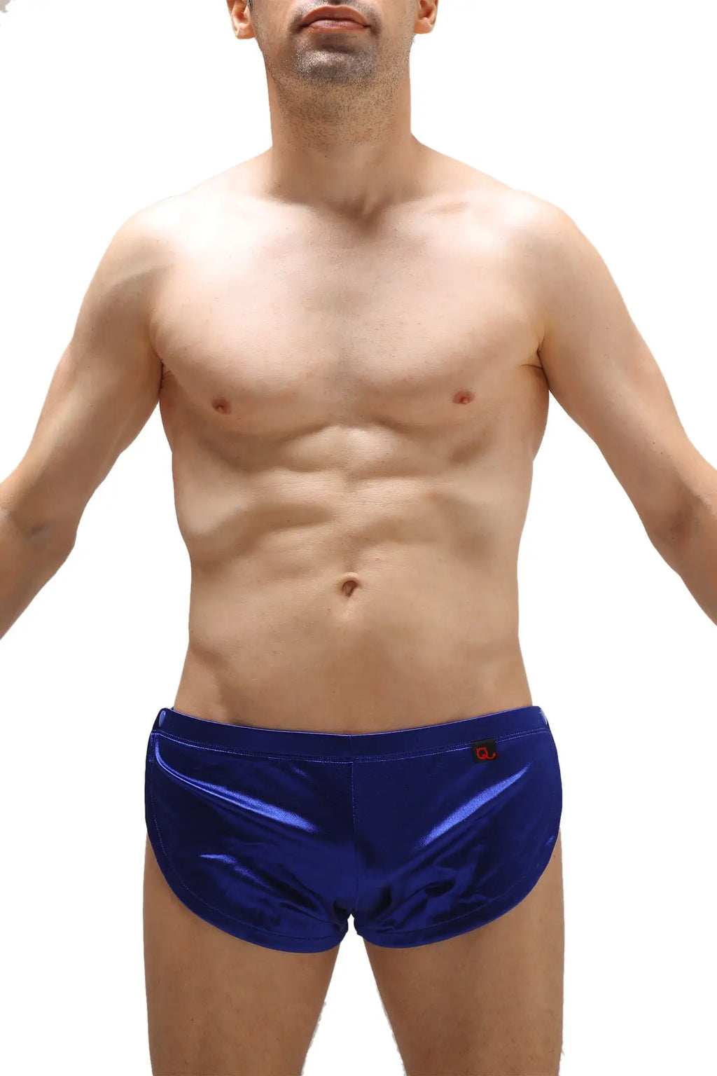 Blue shiny satin swim trunks short snap satin sapphire with small logo on waistband