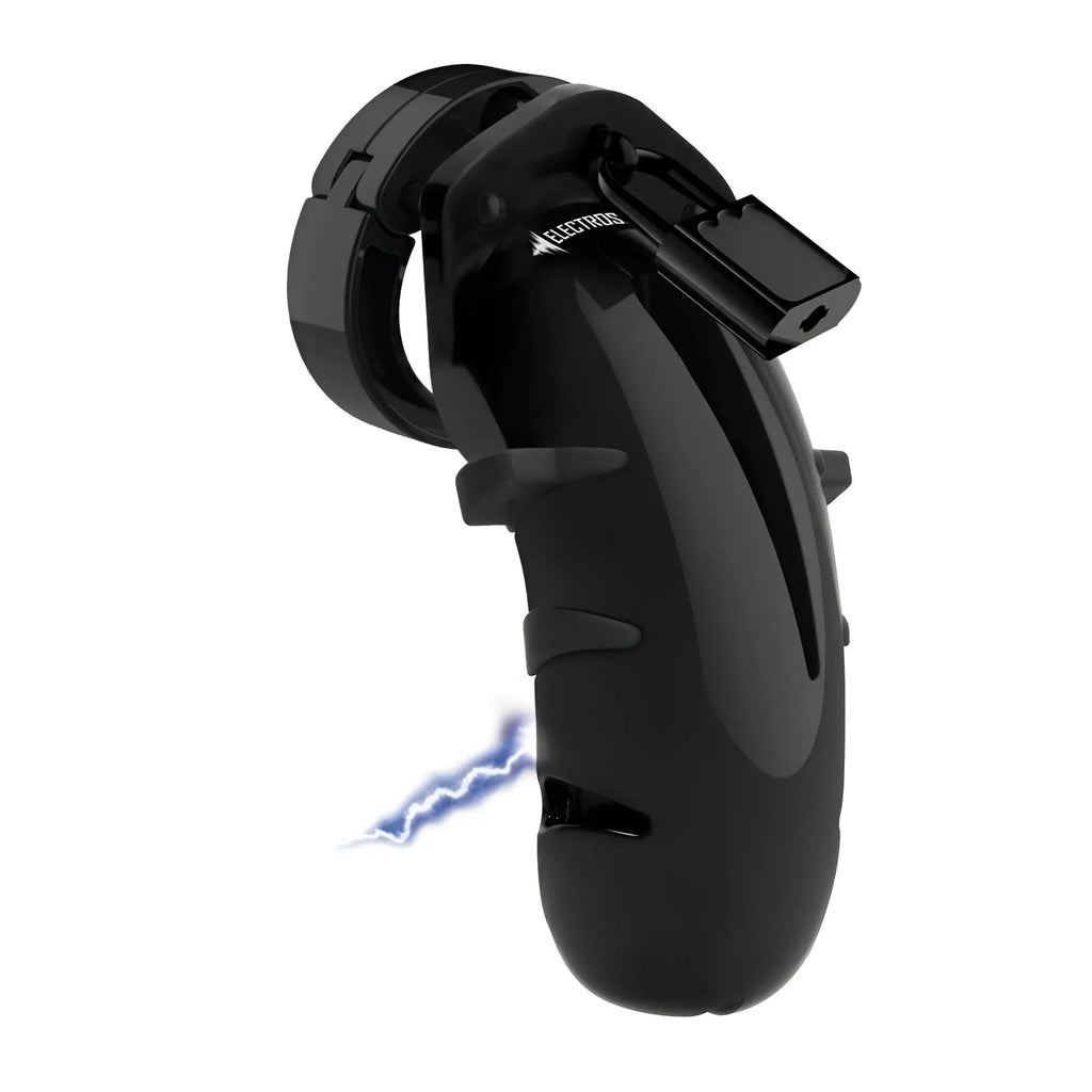Shots E-Stimulation black plastic chastity cock cage with a base ring, locking mechanism, and electrical spark graphic.