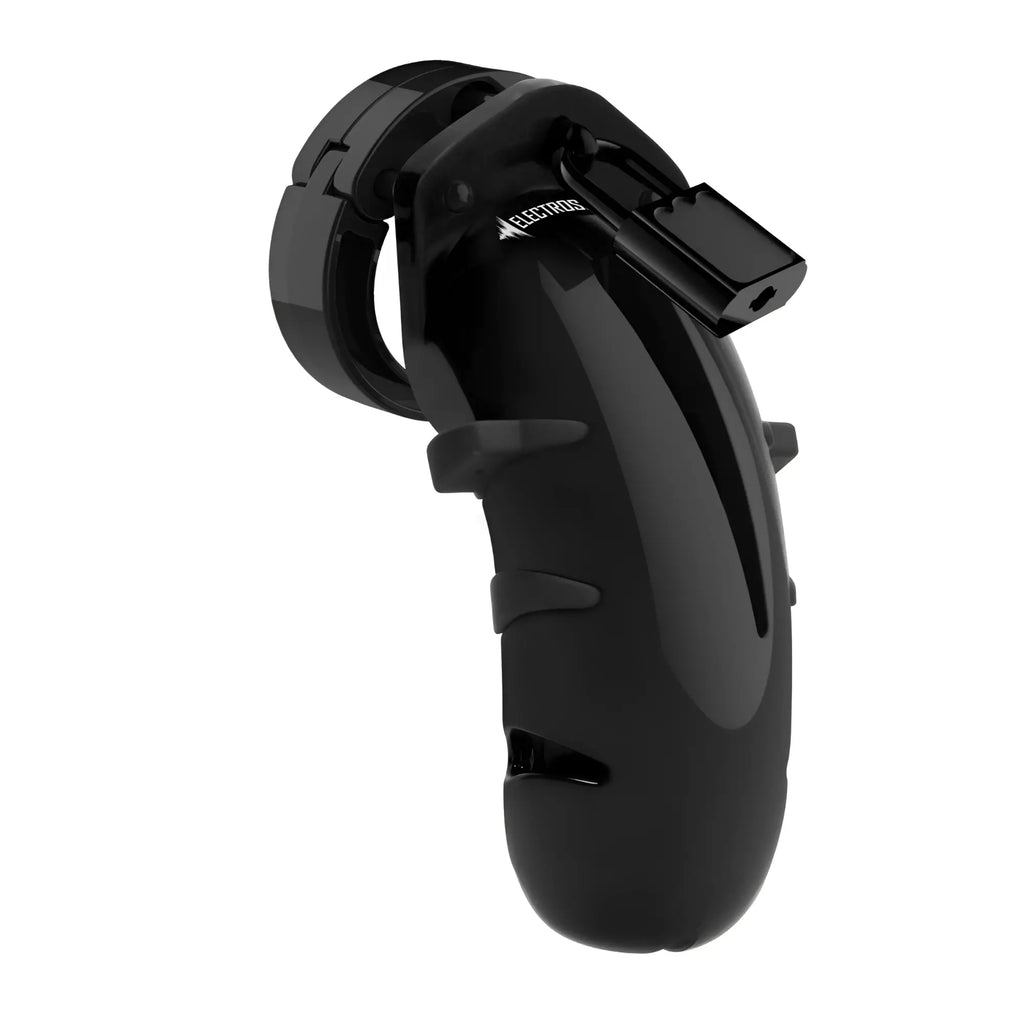 Shots E-Stimulation Chastity Cock Cage: A sleek, black, ergonomic medical-grade device with a locking mechanism.