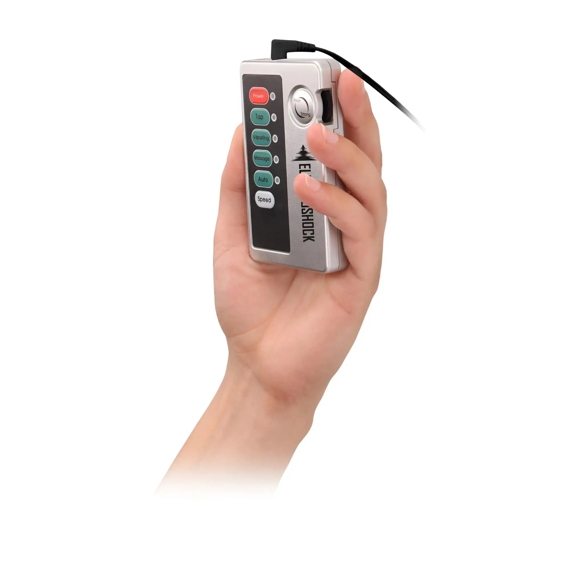 A hand holds the silver Shots E-Stimulation control unit featuring a vertical display of buttons and a power dial.