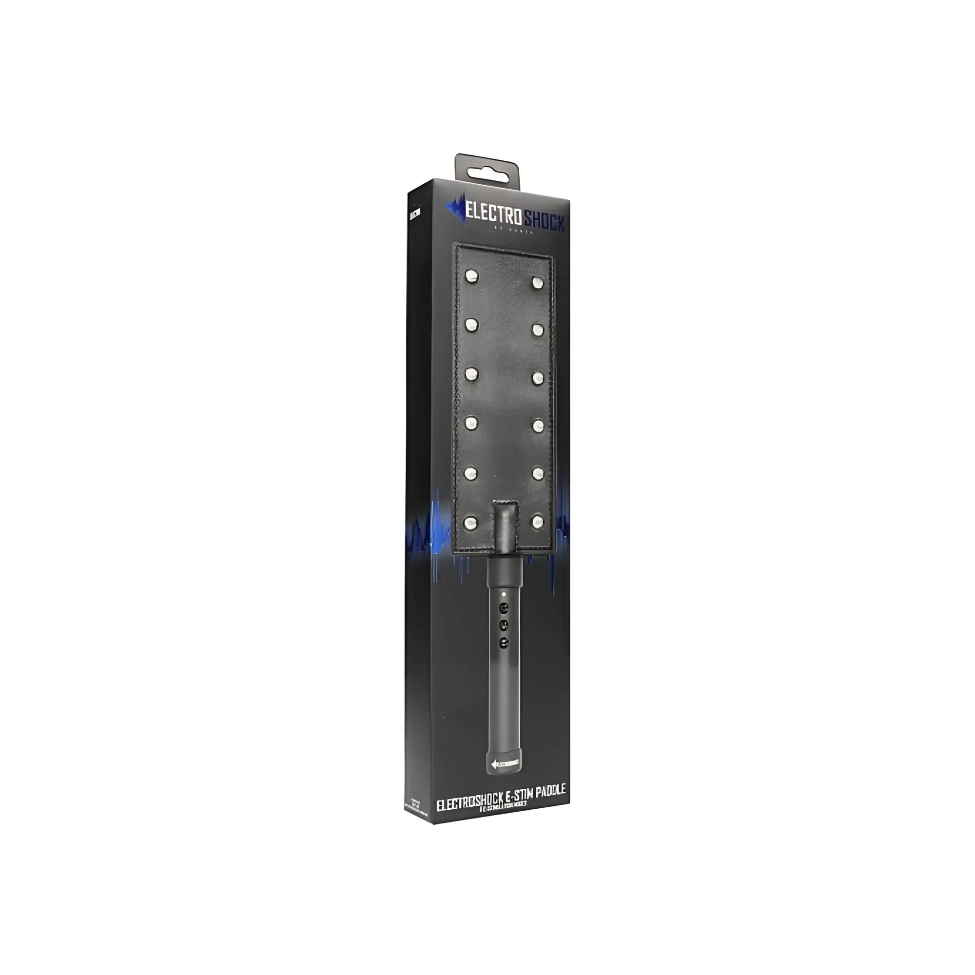 Black leather Shots Electroshock e-stim paddle with silver metal studs and ergonomic handle for electrostimulation play