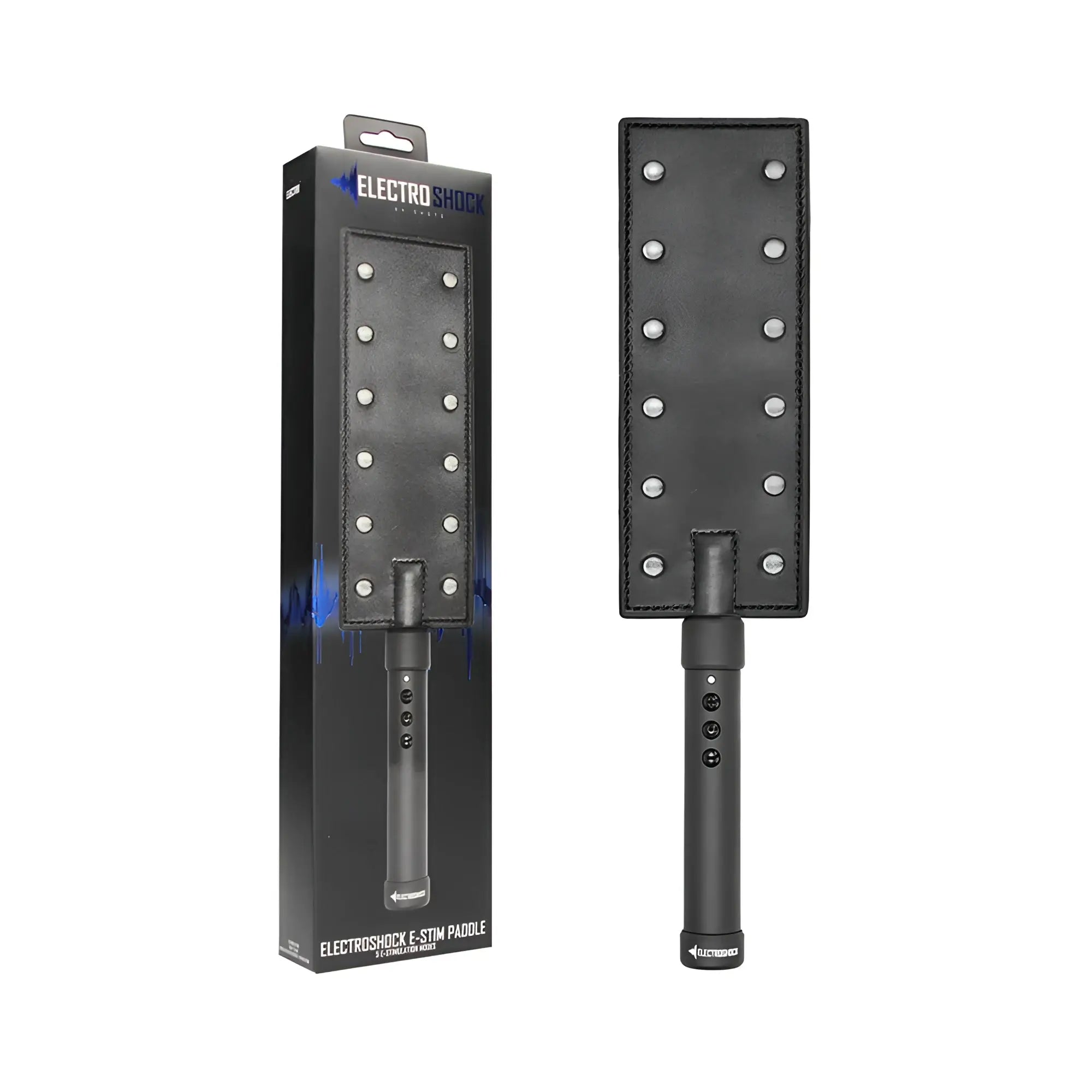 Black leather shots electroshock e-stim paddle with silver metal studs in a grid pattern on rectangular surface