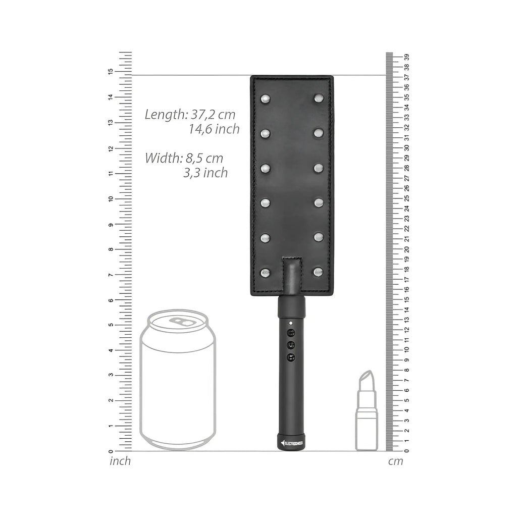 Black leather shots electroshock e-stim paddle with silver rivets and black handle for electrostimulation play