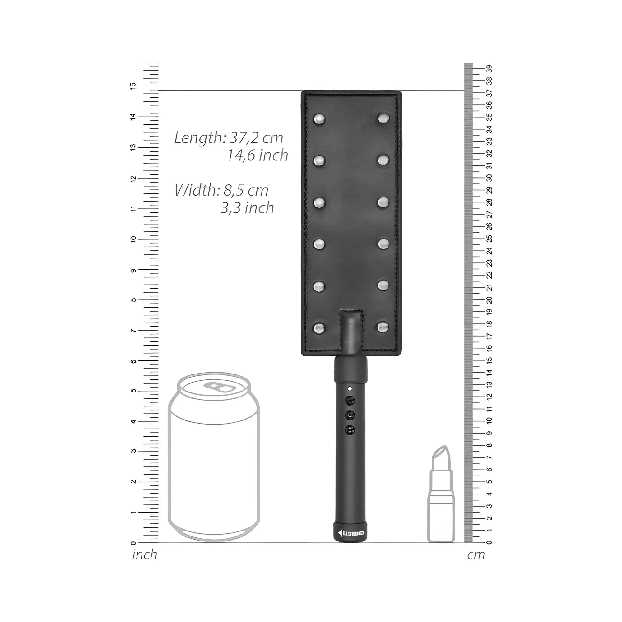 Black leather shots electroshock e-stim paddle with silver rivets and black handle for electrostimulation play