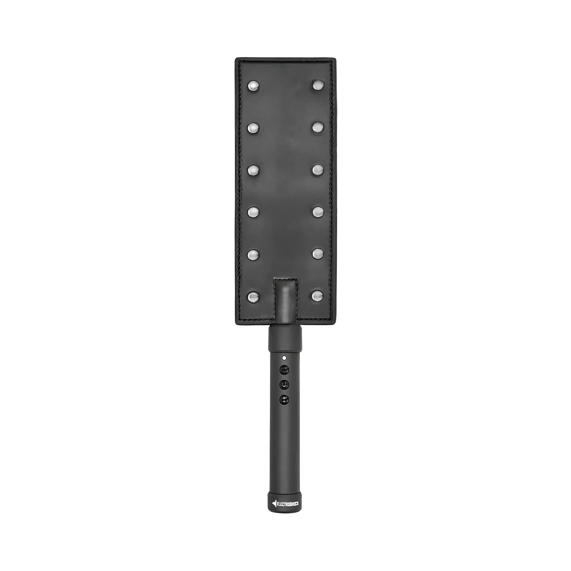 Black leather Shots Electroshock E-Stim Paddle with silver-toned studs and sleek cylindrical handle for electrostimulation