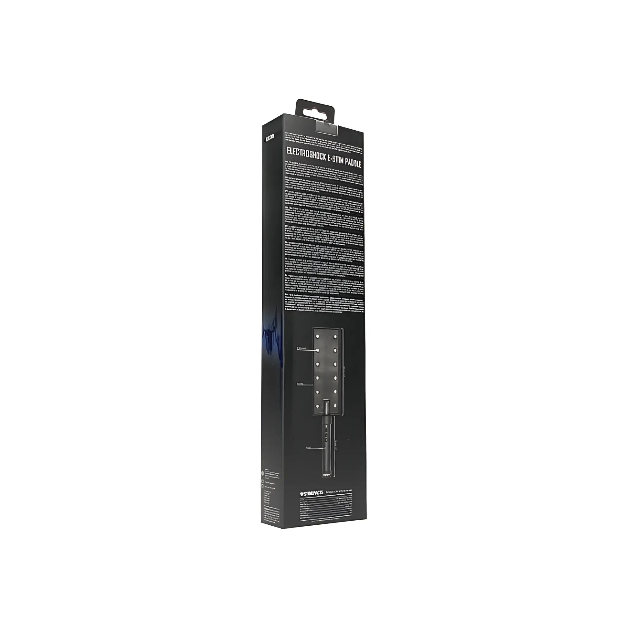 Black rectangular packaging for Shots Electroshock e-stim paddle featuring electroshock stimulation technology