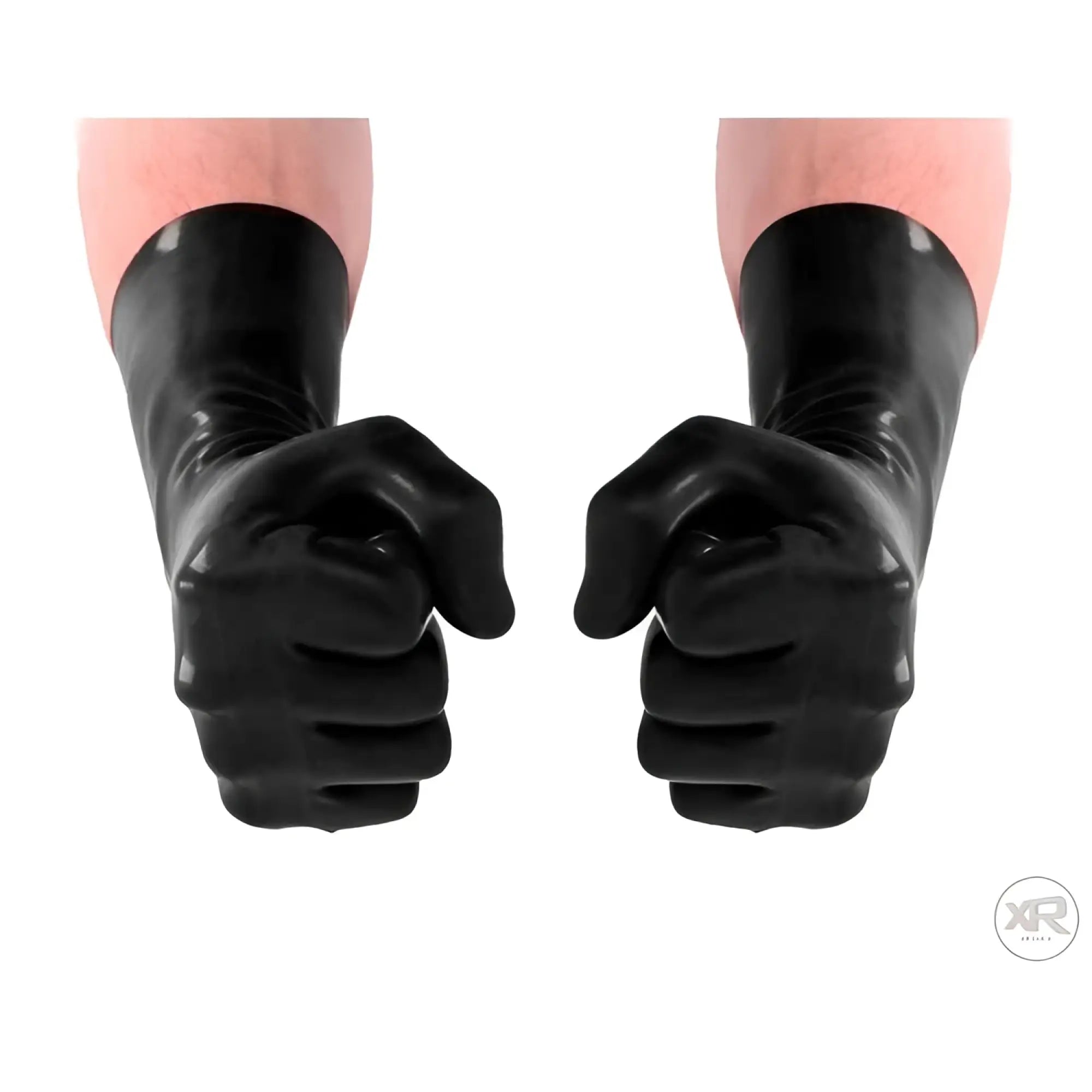 Shots FistIt black latex gloves worn on two clenched fists against a white background.