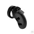 Shots MANCAGE Model 01: A glossy black plastic male chastity cage with a matching padlock and base ring.