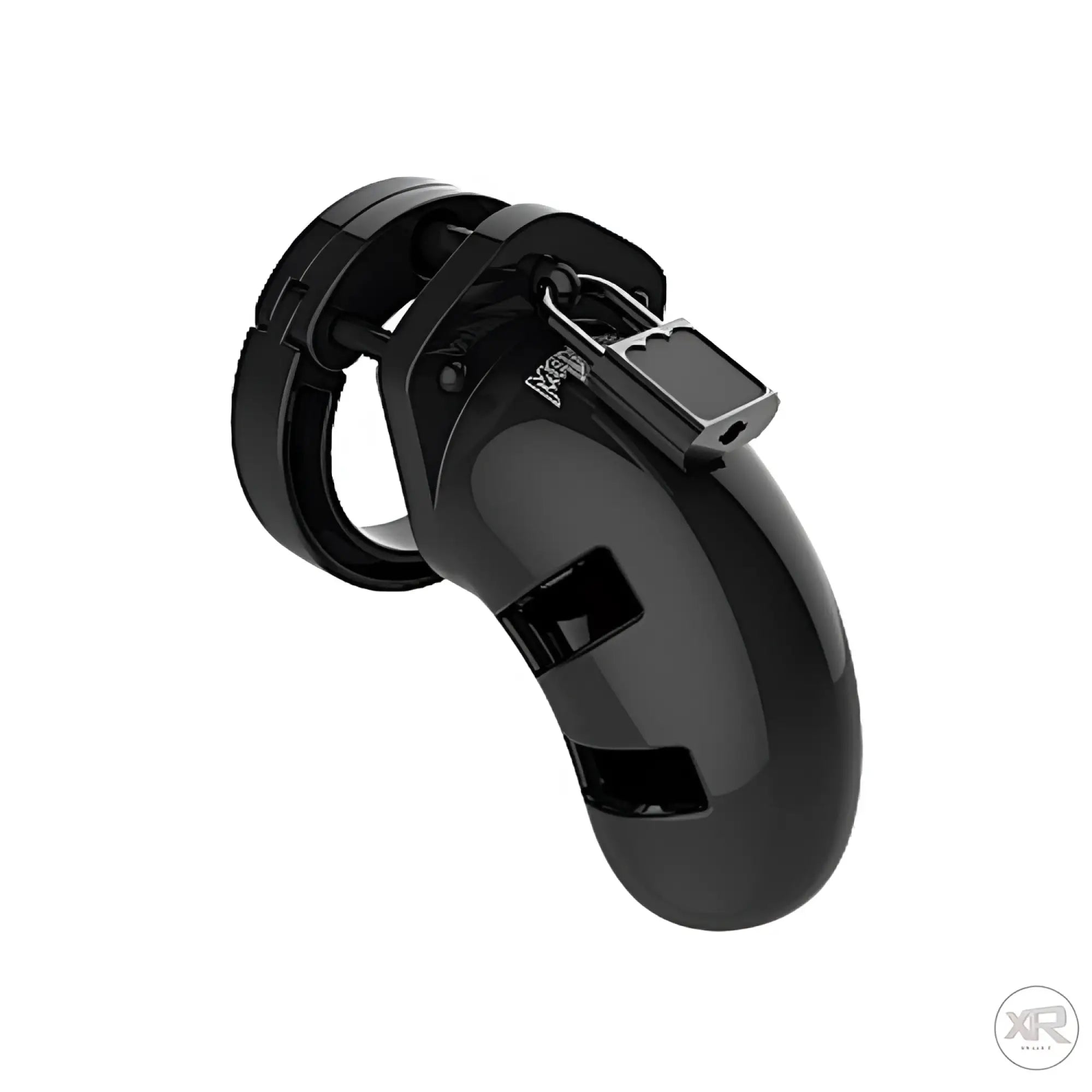 Shots MANCAGE Model 01: A glossy black plastic male chastity cage with a matching padlock and base ring.