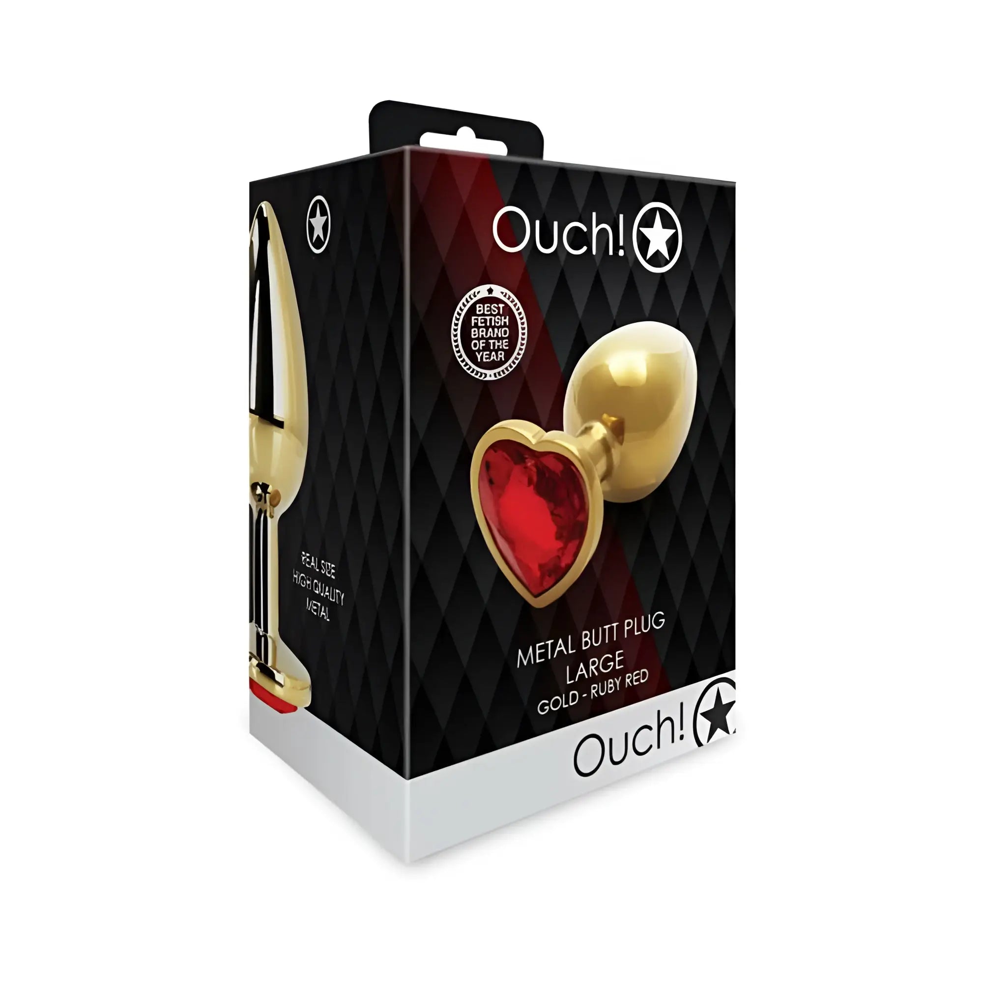 Gold heart-shaped metal butt plug with ruby red gemstone center from ouch! shots ouch heart gem large gold ruby red