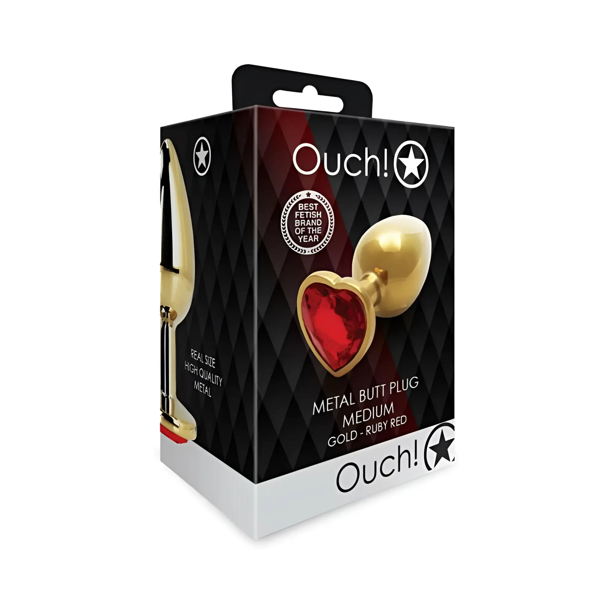 Gold-colored metal medium butt plug with a ruby red heart-shaped gemstone handle from shots ouch heart gem series