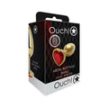 Gold heart-shaped metal butt plug with ruby red gemstone from Shots Ouch brand in small size