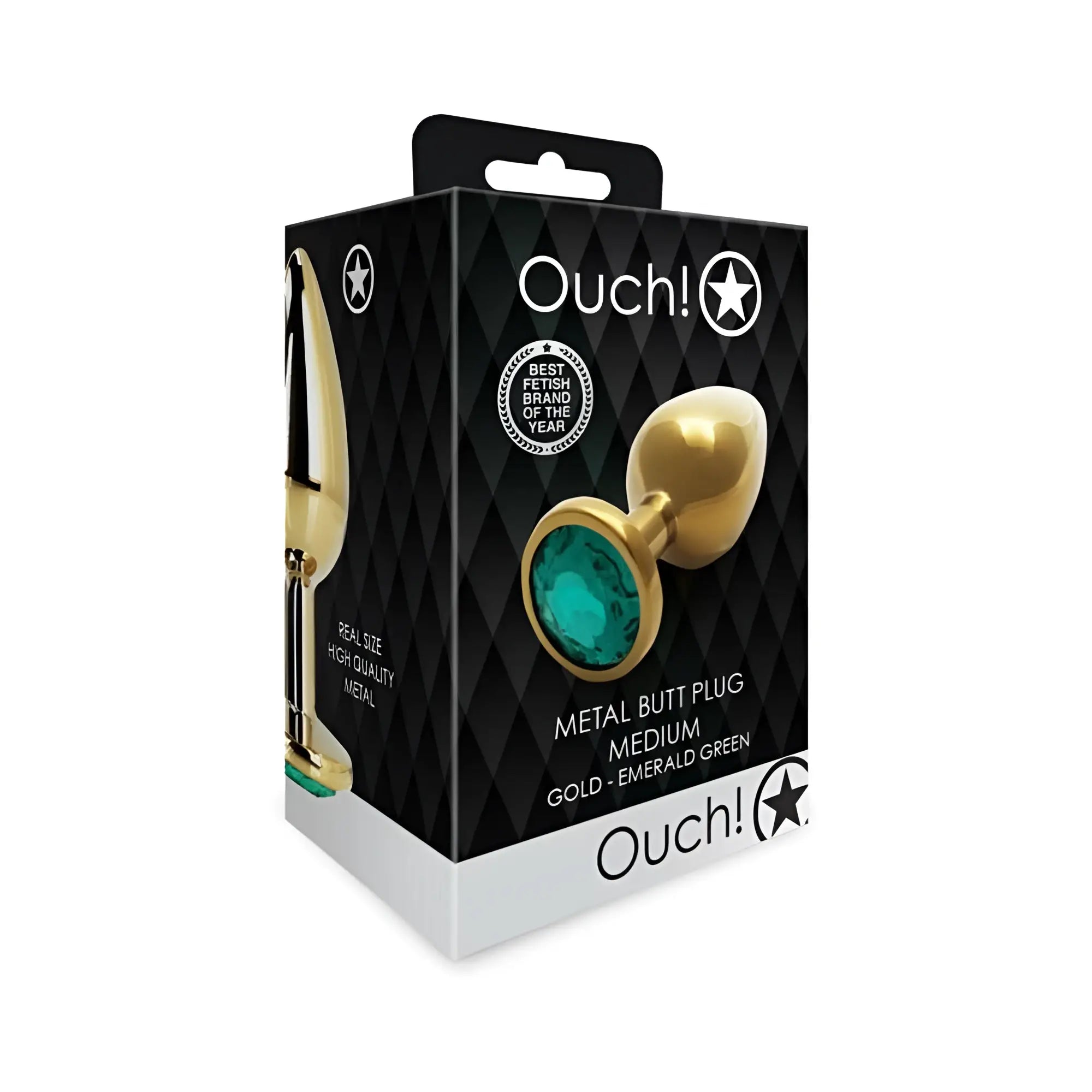 Gold metal butt plug with a prominent emerald green gemstone head by ouch medium round gem design